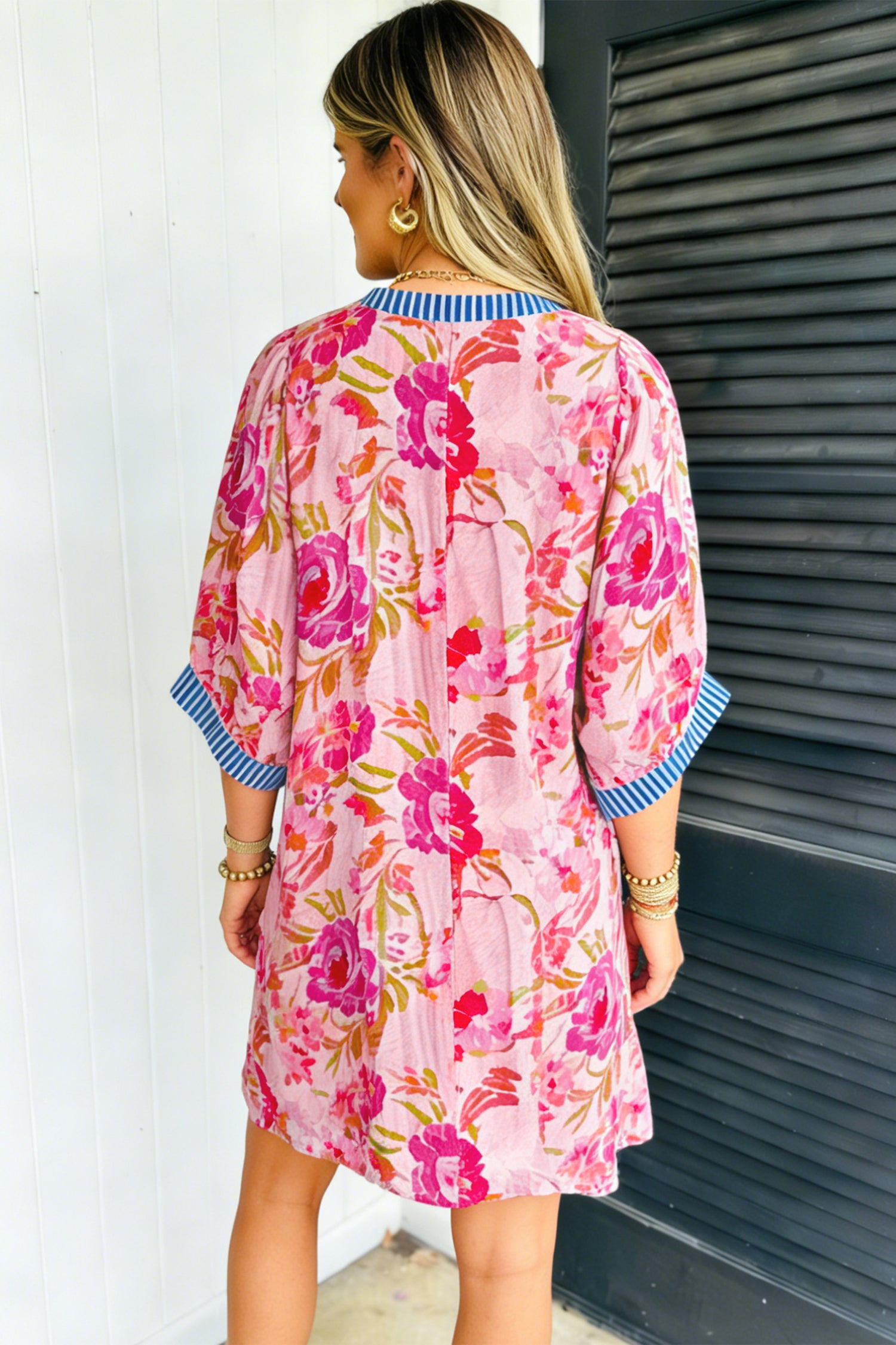 Multicolour Floral Striped Patchwork Trim Half Sleeve Mini Dress-Dresses/Floral Dresses-[Adult]-[Female]-2022 Online Blue Zone Planet