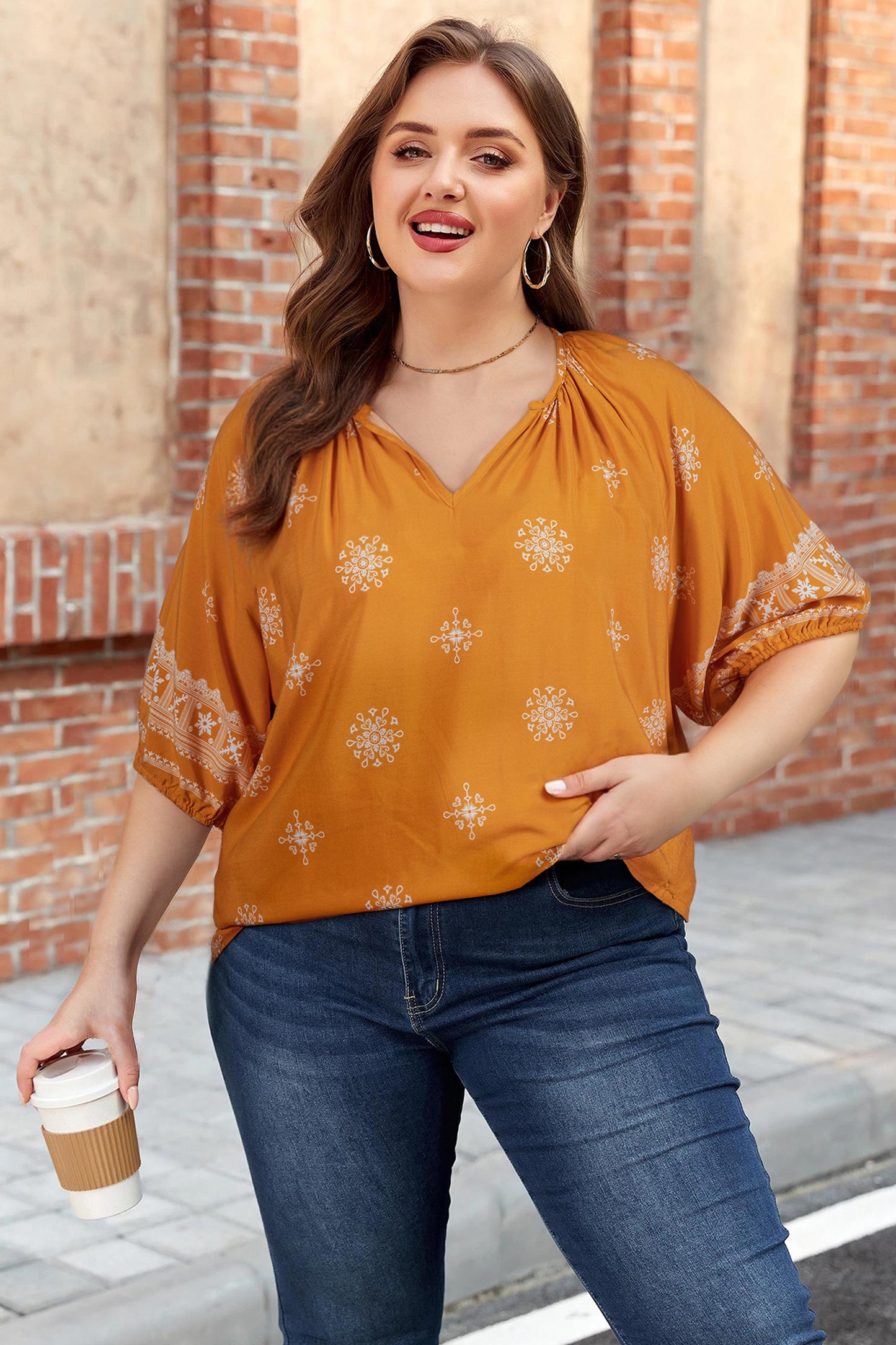 Yellow Boho Chic Notched V Neck Plus Floral Short Sleeve Top-Plus Size/Plus Size Tops/Plus Size Blouses & Shirts-[Adult]-[Female]-Yellow-L-2022 Online Blue Zone Planet