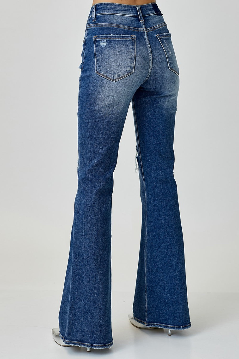 RISEN Distressed Button-Fly Flare Jeans-BOTTOMS SIZES SMALL MEDIUM LARGE-[Adult]-[Female]-2022 Online Blue Zone Planet