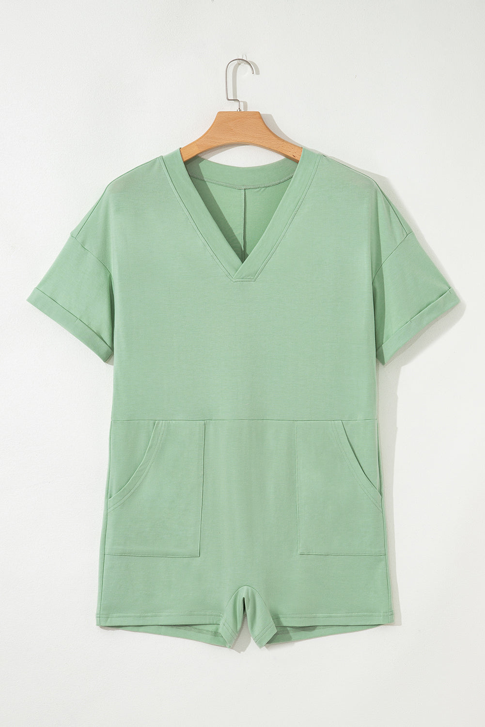 Grass Green Loose Half Sleeve V Neck Knit Romper-Bottoms/Jumpsuits & Rompers-[Adult]-[Female]-2022 Online Blue Zone Planet