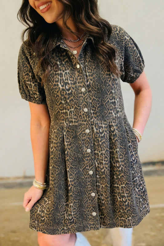 Gray Leopard Print Short Sleeve Pleated Denim Mini Dress-Dresses/Mini Dresses-[Adult]-[Female]-Gray-S-2022 Online Blue Zone Planet