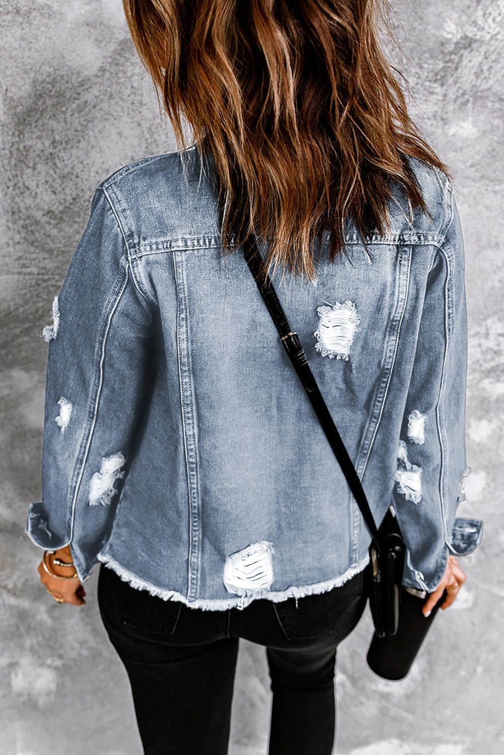 Blue Lapel Distressed Raw Hem Buttons Denim Jacket-Outerwear/Denim jackets-[Adult]-[Female]-2022 Online Blue Zone Planet