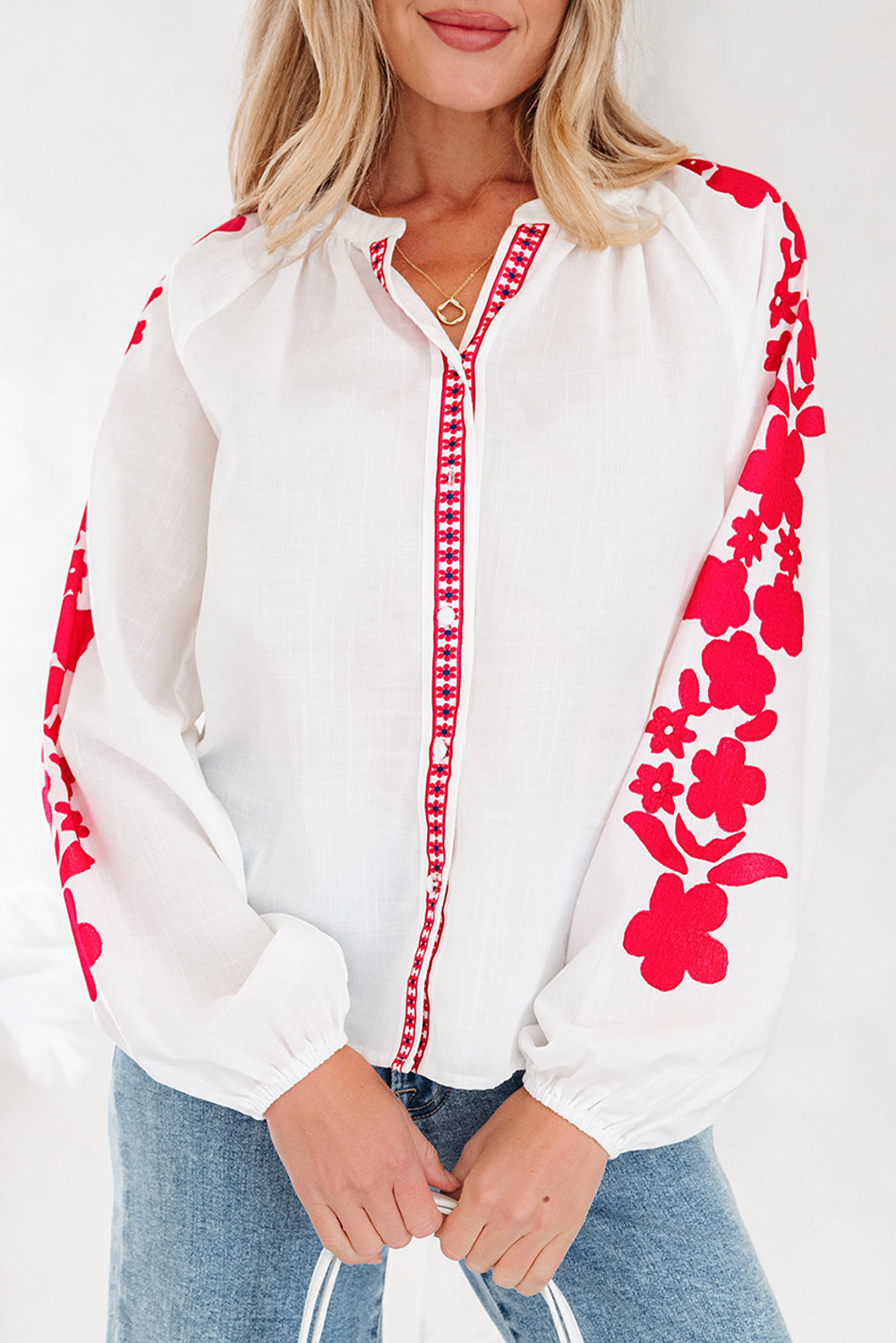White Floral Embroidered Puff Long Sleeve Casual Shirt-Tops/Blouses & Shirts-[Adult]-[Female]-2022 Online Blue Zone Planet