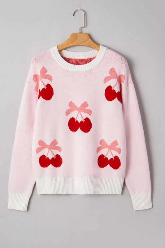 White Cherry Pattern Drop Shoulder Sweater-TOPS / DRESSES-[Adult]-[Female]-2022 Online Blue Zone Planet