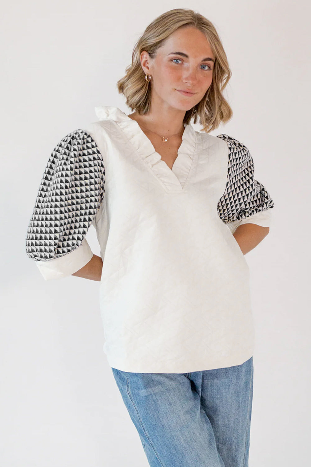 Blue Zone Planet | White Geometric Textured Short Sleeve Frilly V Neck Blouse-Tops/Blouses & Shirts-[Adult]-[Female]-2022 Online Blue Zone Planet