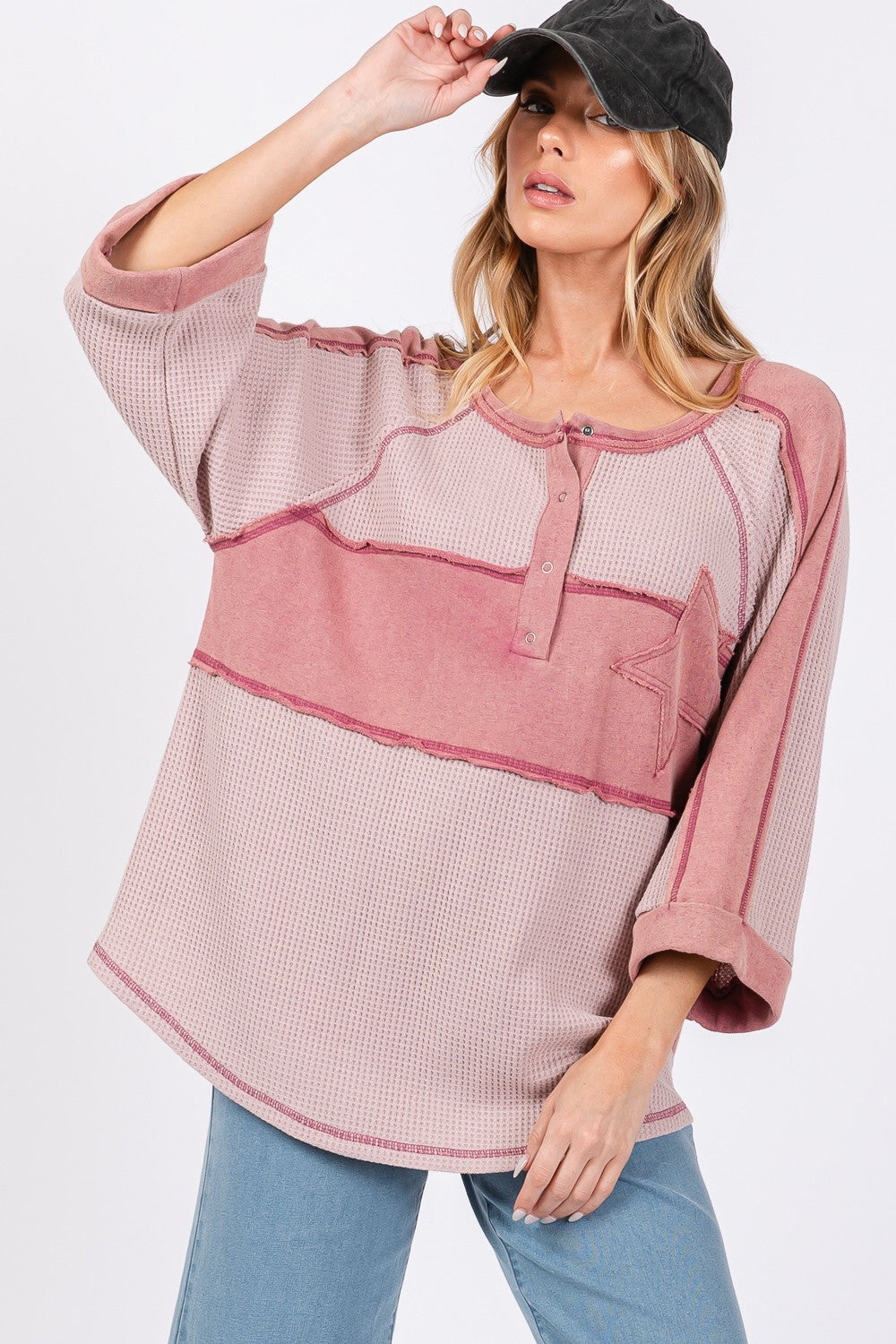 SAGE + FIG Star Applique Patch Exposed Seam Waffle Knit Top-TOPS / DRESSES-[Adult]-[Female]-Mauve-S-2022 Online Blue Zone Planet