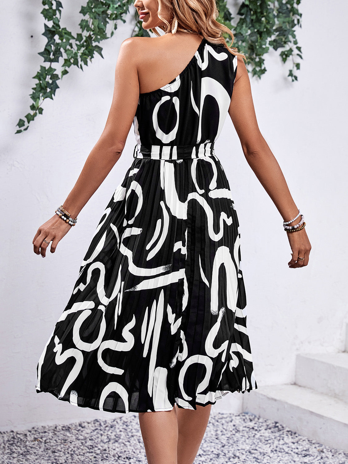 Printed Single Shoulder Tie Waist Dress-TOPS / DRESSES-[Adult]-[Female]-2022 Online Blue Zone Planet