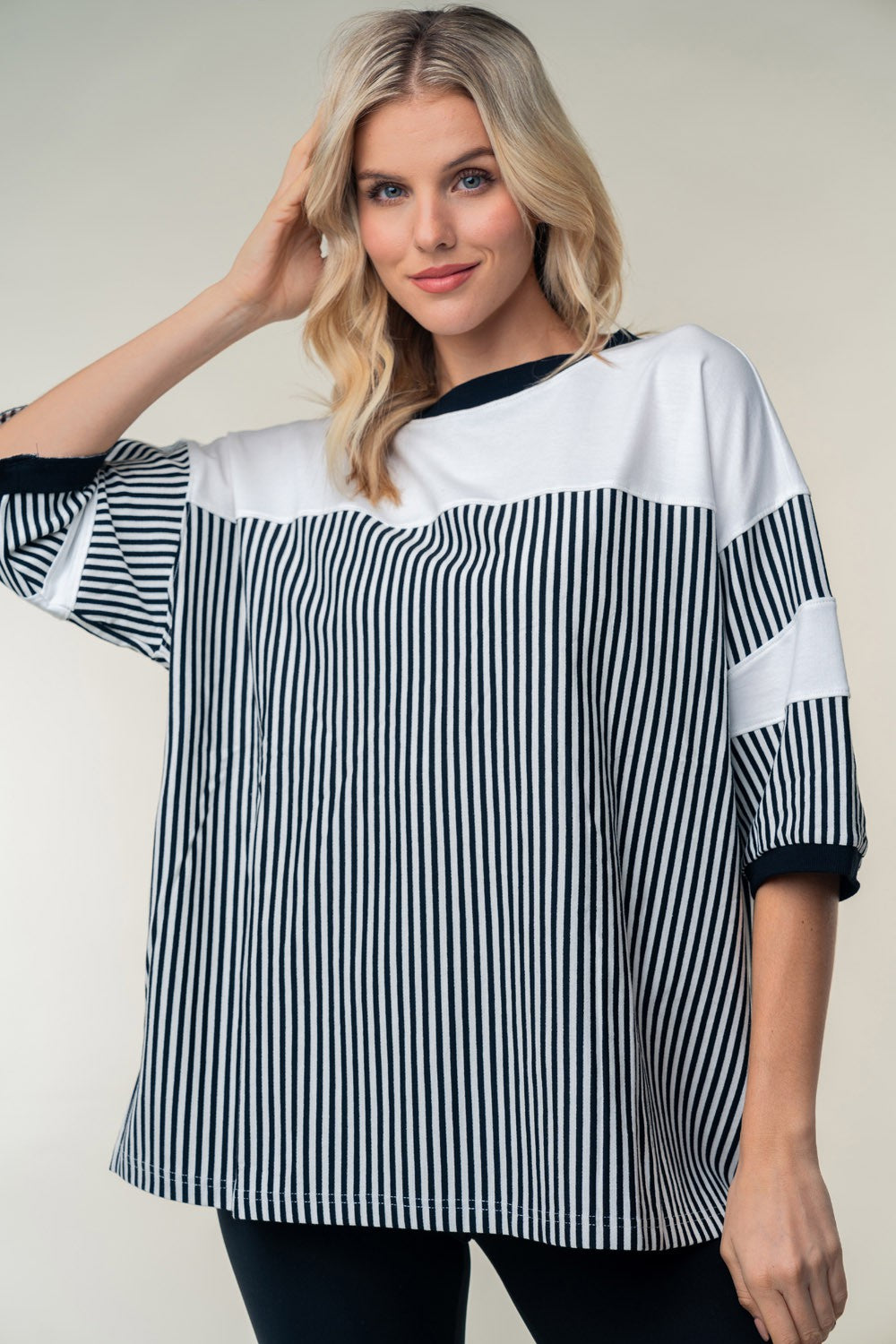 White Birch Full Size Striped Contrast Round Neck Top-TOPS / DRESSES-[Adult]-[Female]-Black-S-2022 Online Blue Zone Planet