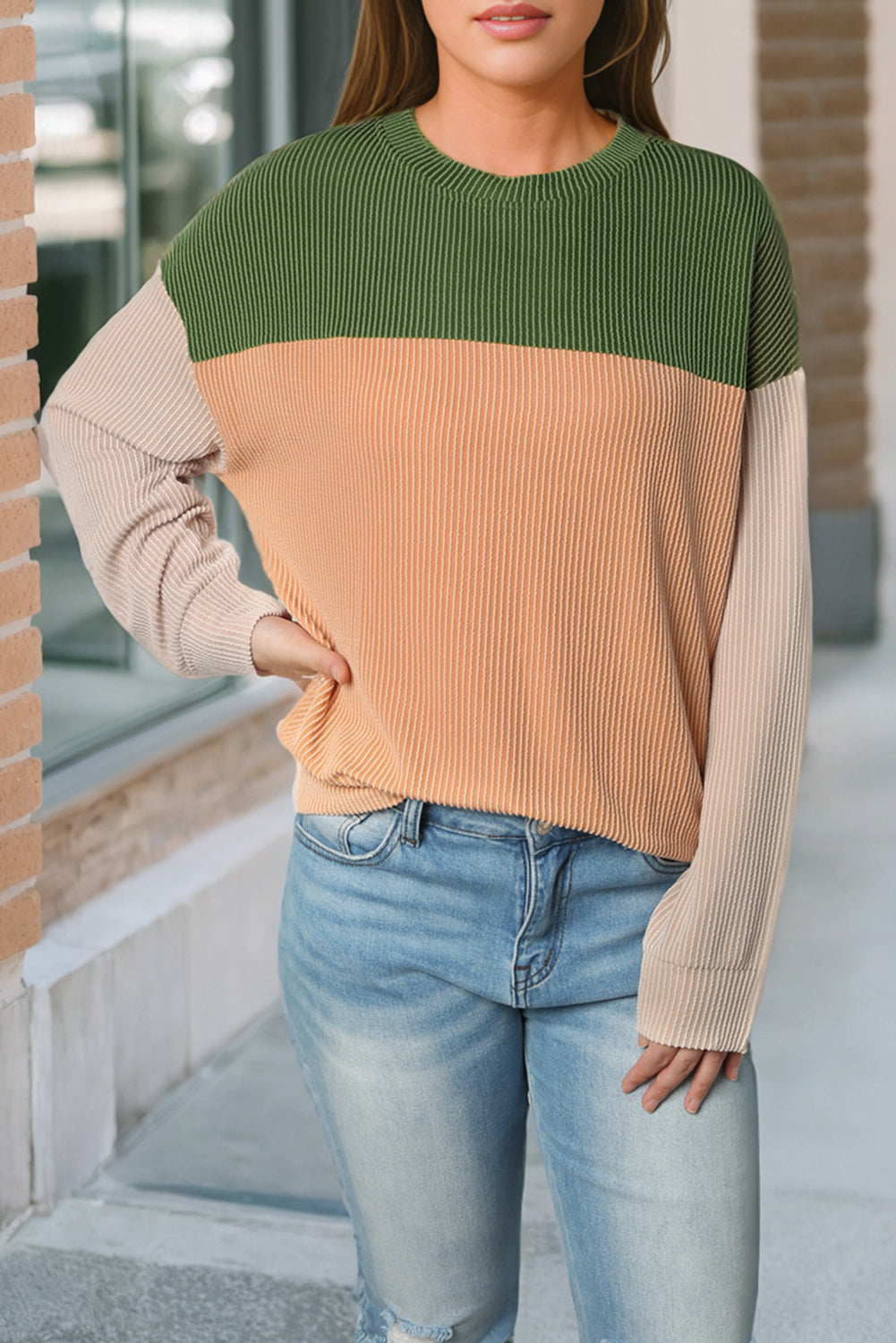 Green Color Block Long Sleeve Ribbed Loose Top-Sale (50% OFF)/30% OFF-[Adult]-[Female]-2022 Online Blue Zone Planet