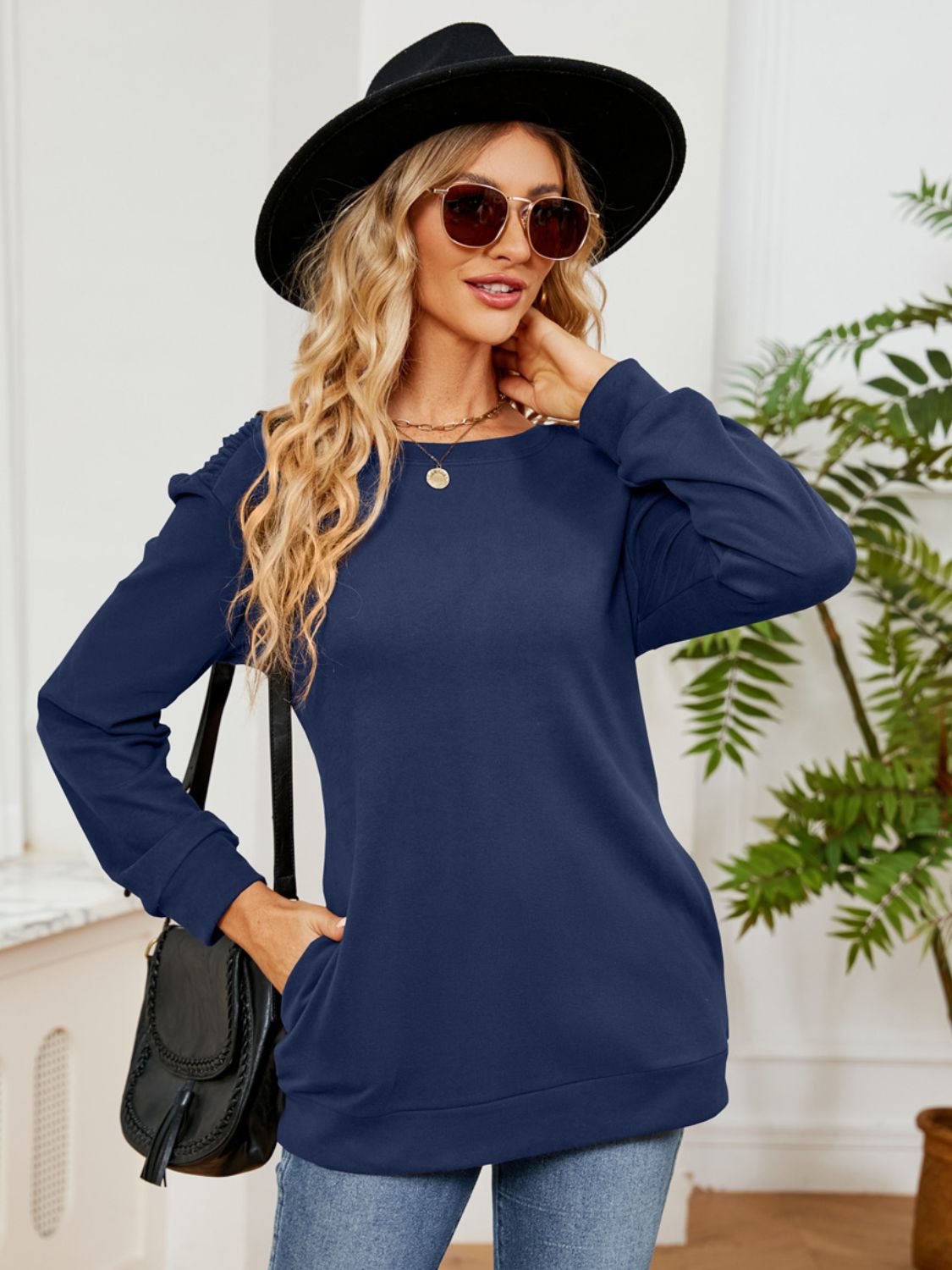 Ruched Shoulder Round Neck Long Sleeve Sweatshirt-TOPS / DRESSES-[Adult]-[Female]-2022 Online Blue Zone Planet