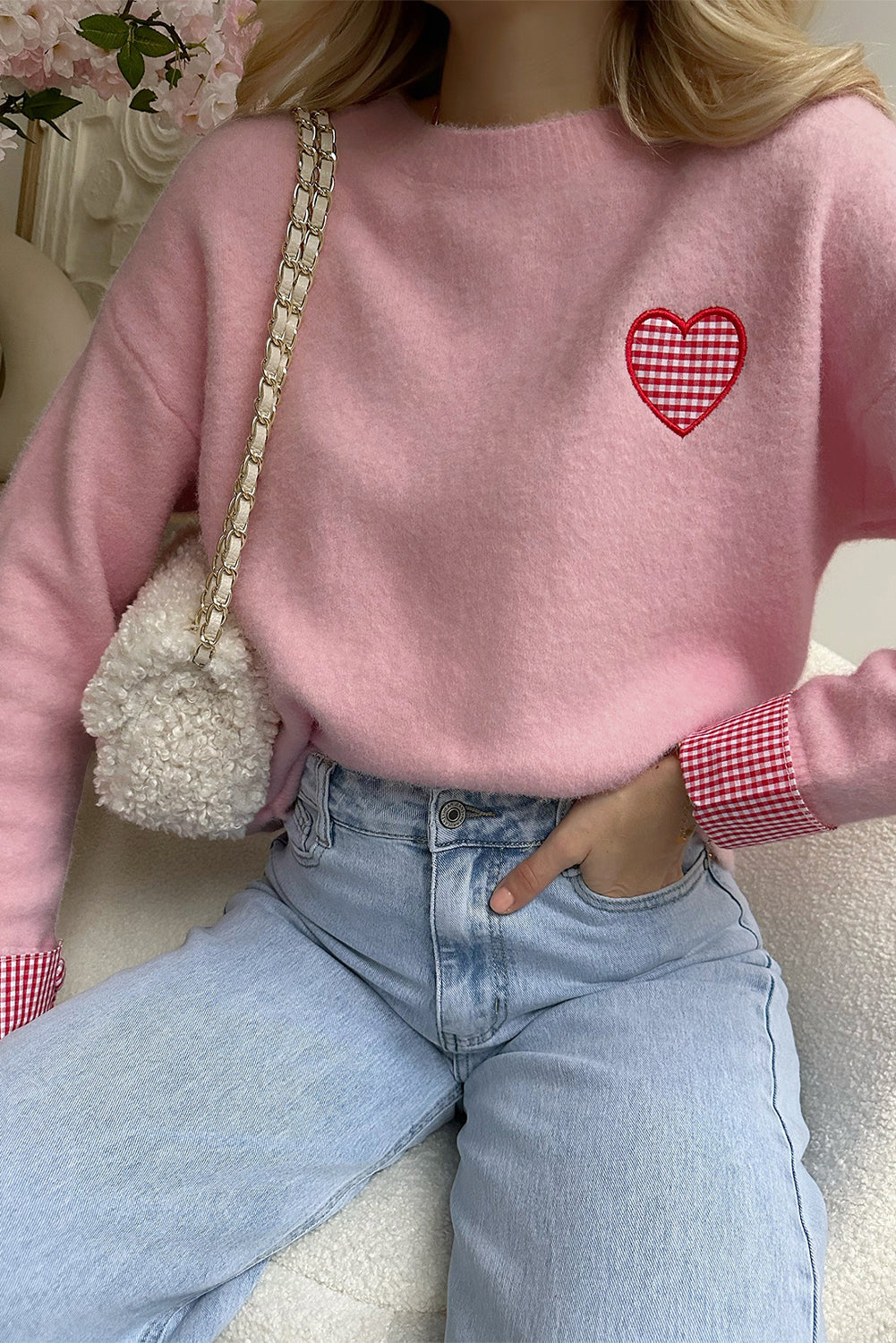 White Plaid Heart Embroidered Cuffed Drop Shoulder Crew Neck Sweater-Sweaters-[Adult]-[Female]-Light Pink-L-2022 Online Blue Zone Planet