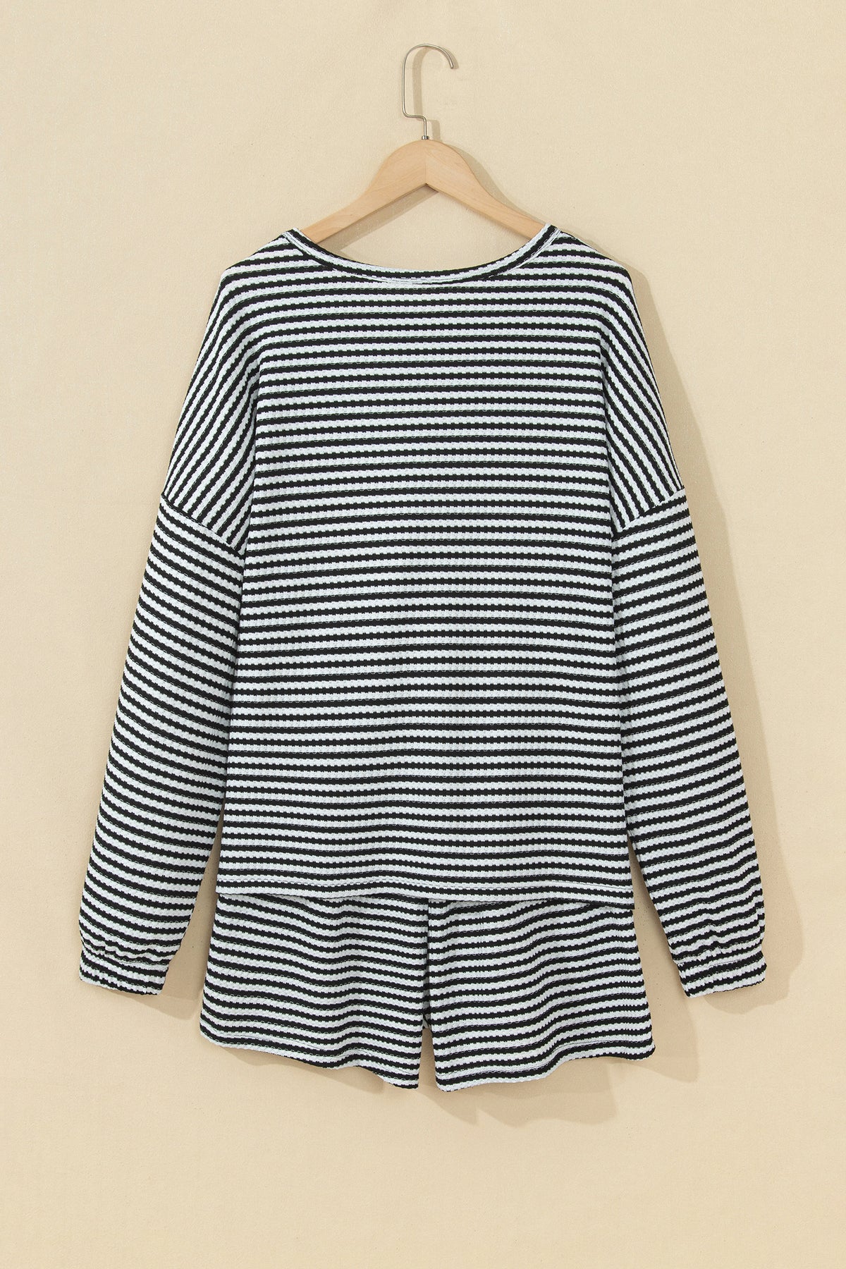 Brown Stripe Textured Knit Long Sleeve Top Elastic Waist Shorts Casual Outfit-Two Piece Sets/Short Sets-[Adult]-[Female]-2022 Online Blue Zone Planet