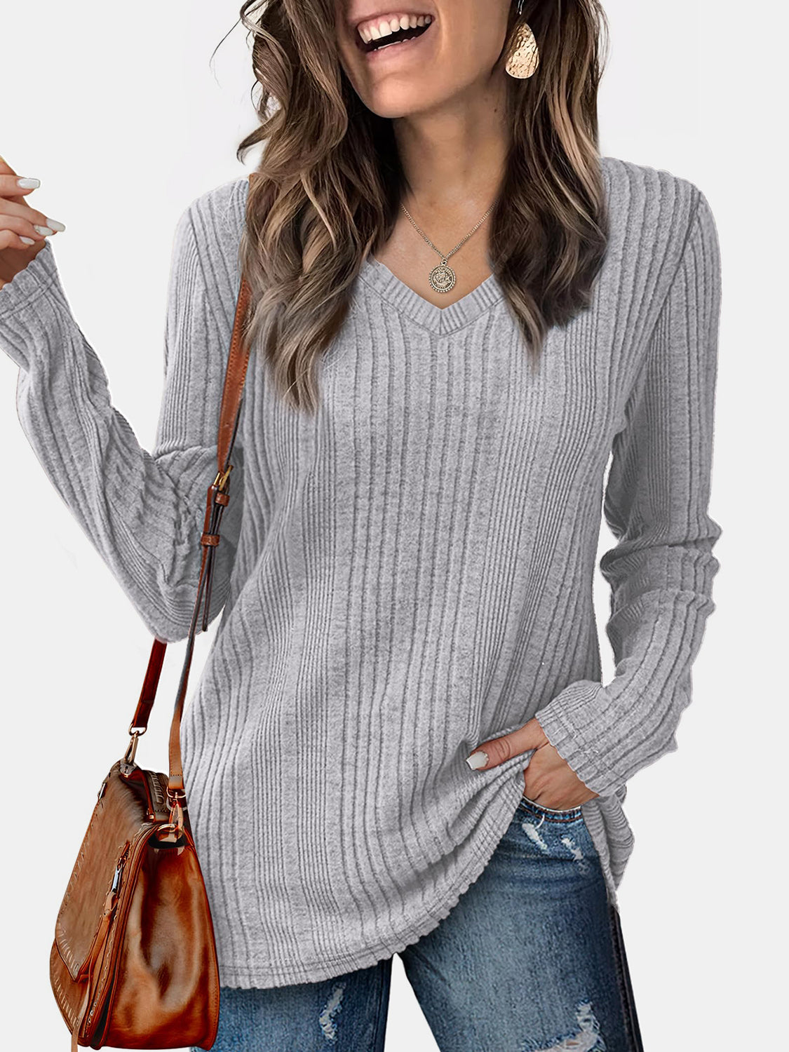 V-Neck Long Sleeve T-Shirt-TOPS / DRESSES-[Adult]-[Female]-Gray-S-2022 Online Blue Zone Planet