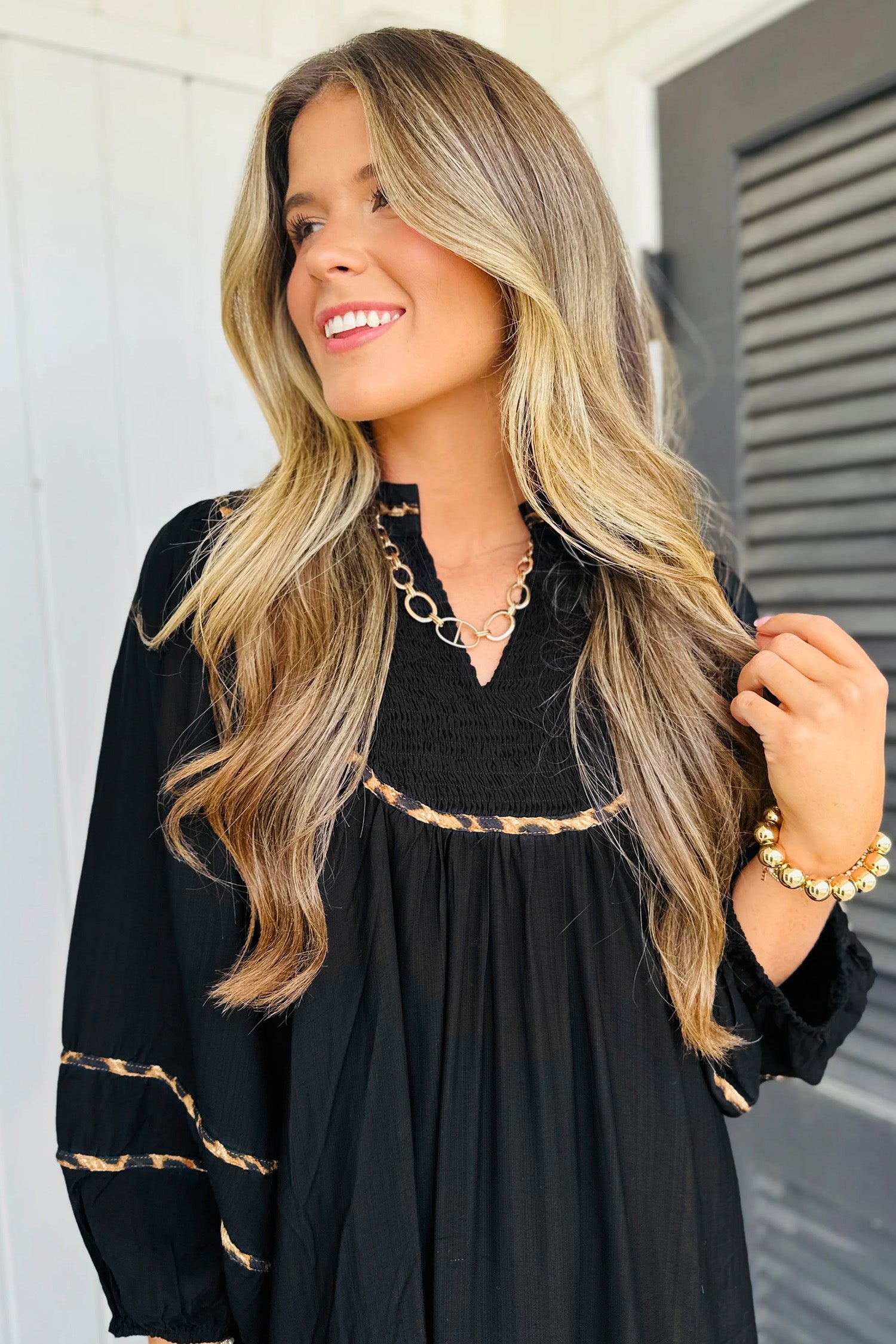 Black Contrast Leopard Trim Split Neck Long Sleeve Casual Midi Dress-TOPS / DRESSES-[Adult]-[Female]-2022 Online Blue Zone Planet