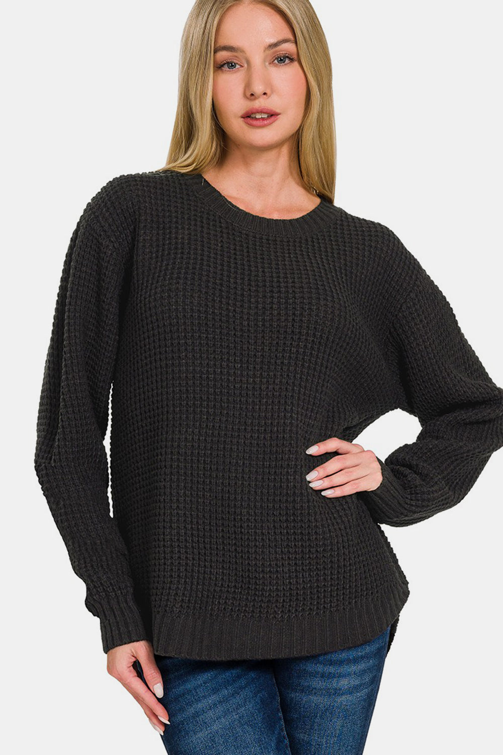 Zenana High Low Long Sleeve Waffle Sweater-TOPS / DRESSES-[Adult]-[Female]-Black-S-2022 Online Blue Zone Planet