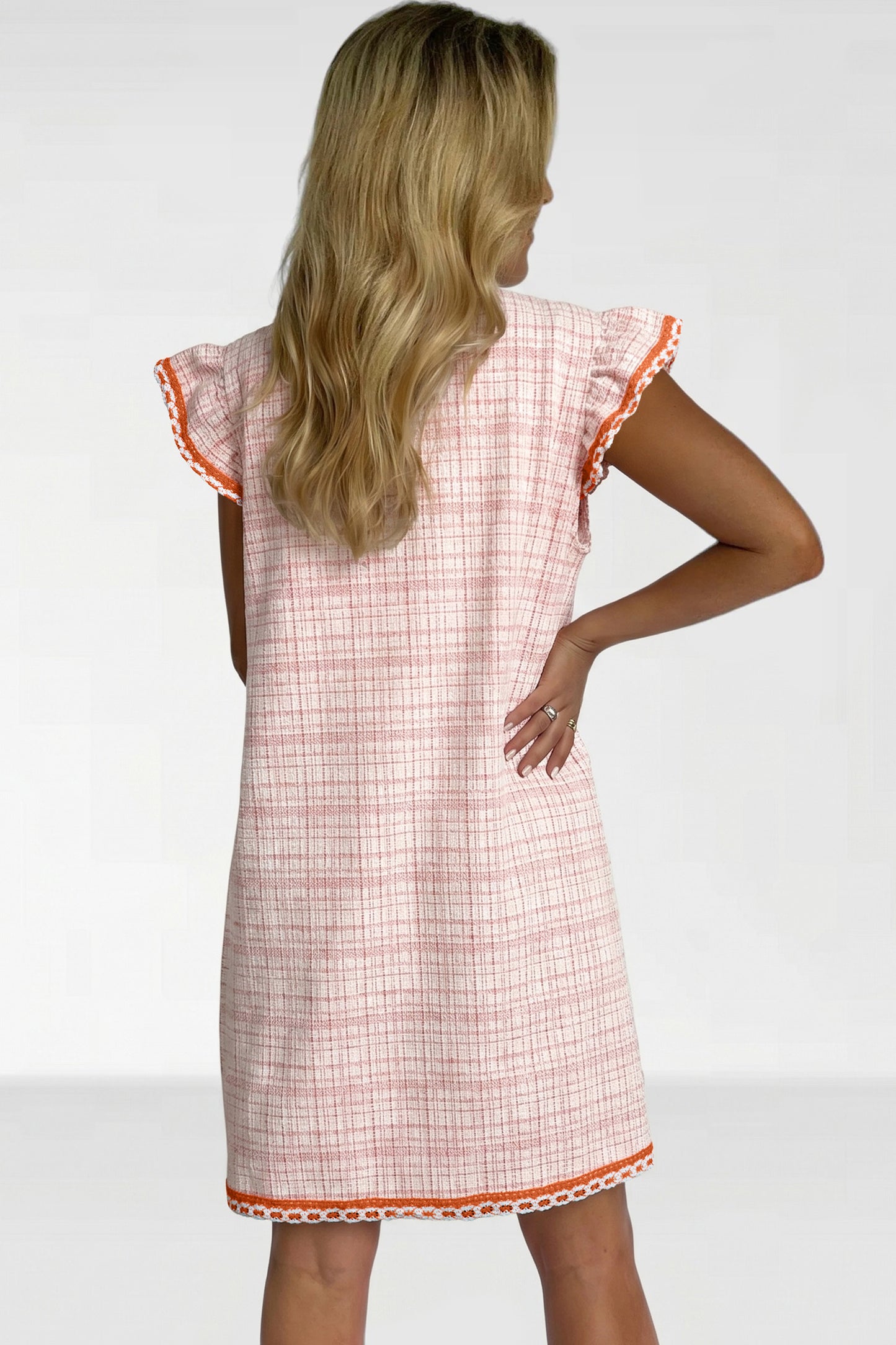 White Jacquard Textured Contrast Trim Short Sleeve Tassel Tie Shift Dress-Dresses/Mini Dresses-[Adult]-[Female]-2022 Online Blue Zone Planet