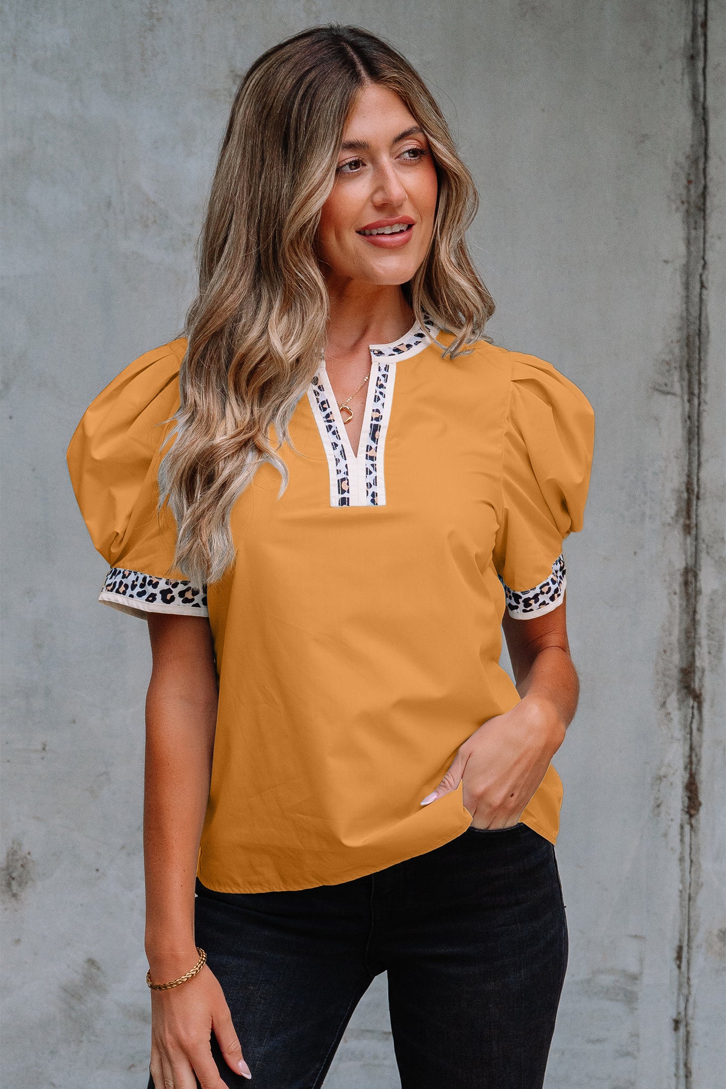 Buckskin Contrast Leopard Trim Split Neck Puff Sleeve Blouse-Tops/Blouses & Shirts-[Adult]-[Female]-2022 Online Blue Zone Planet