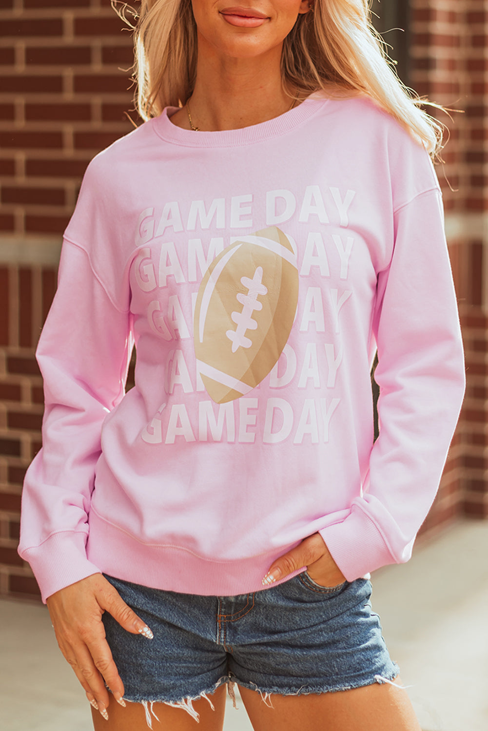 Pink Game Day Football Rugby Print Casual Sweatshirt-Tops/Sweatshirts & Hoodies-[Adult]-[Female]-2022 Online Blue Zone Planet