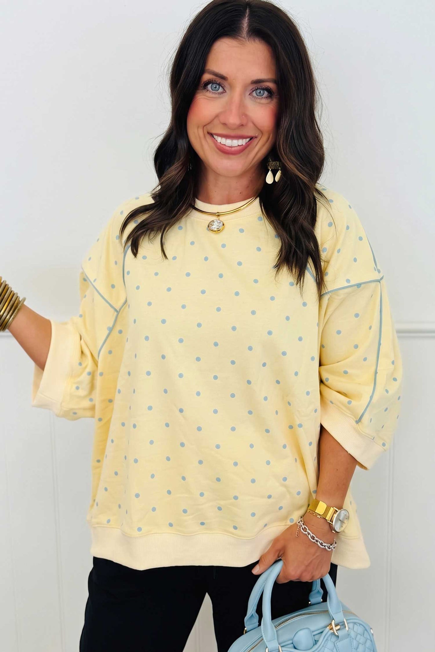 Yellow Polka Dot Print Piping Trim 3/4 Sleeve Relaxed Top-Tops/Long Sleeve Tops-[Adult]-[Female]-2022 Online Blue Zone Planet