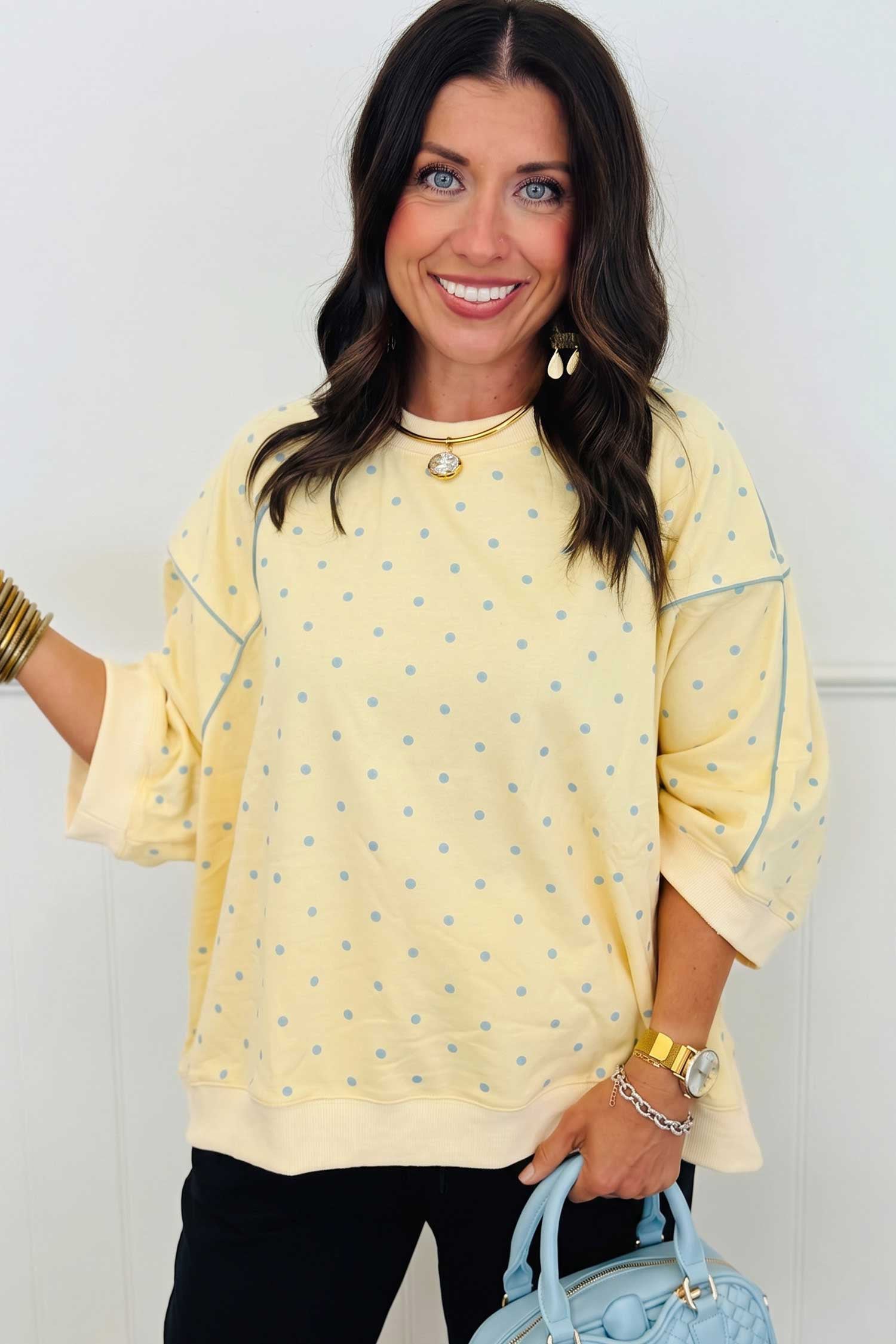 Yellow Polka Dot Print Piping Trim 3/4 Sleeve Relaxed Top-Tops/Long Sleeve Tops-[Adult]-[Female]-2022 Online Blue Zone Planet