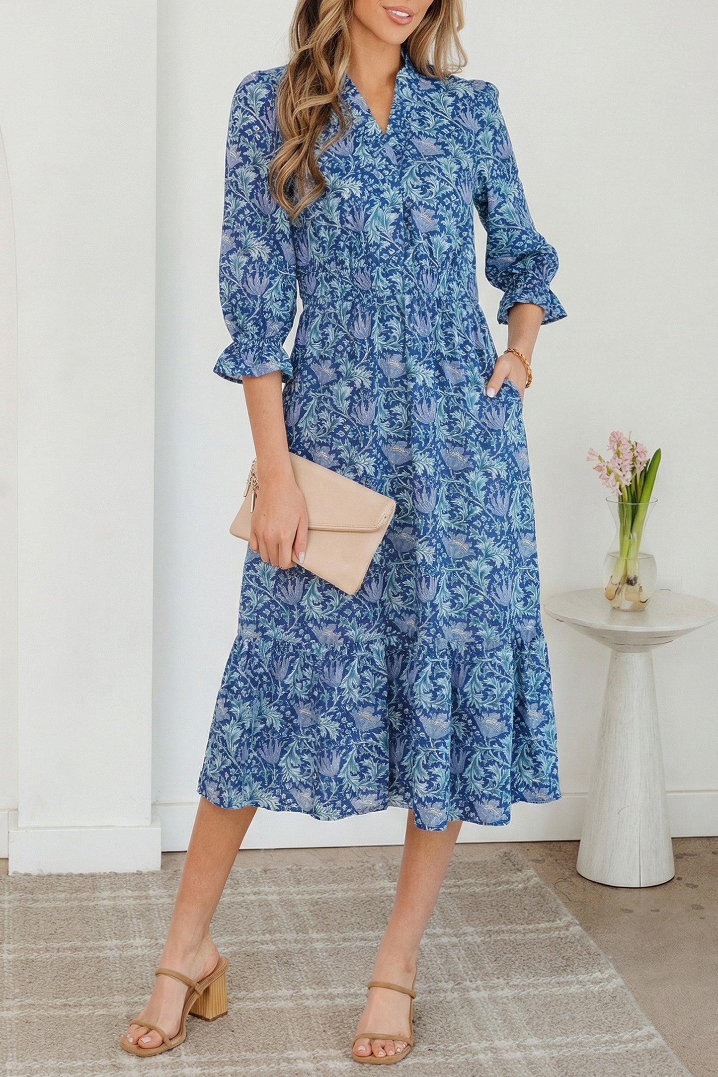 Brown Floral Printed Frilled V Neck Bracelet Sleeve Long Dress-Bracelet-[Adult]-[Female]-2022 Online Blue Zone Planet