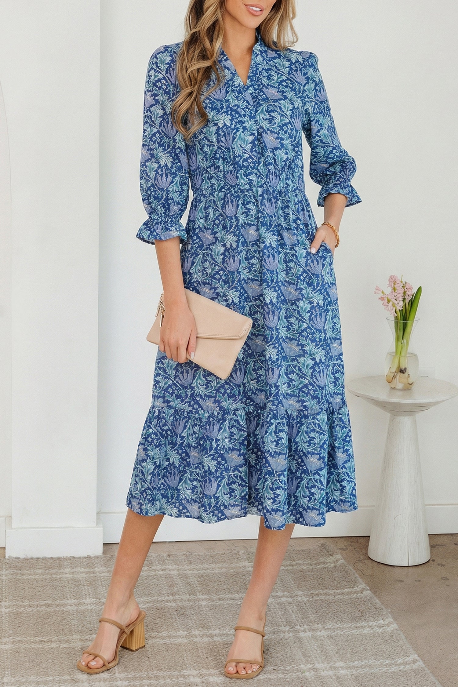 Brown Floral Printed Frilled V Neck Bracelet Sleeve Long Dress-Bracelet-[Adult]-[Female]-2022 Online Blue Zone Planet