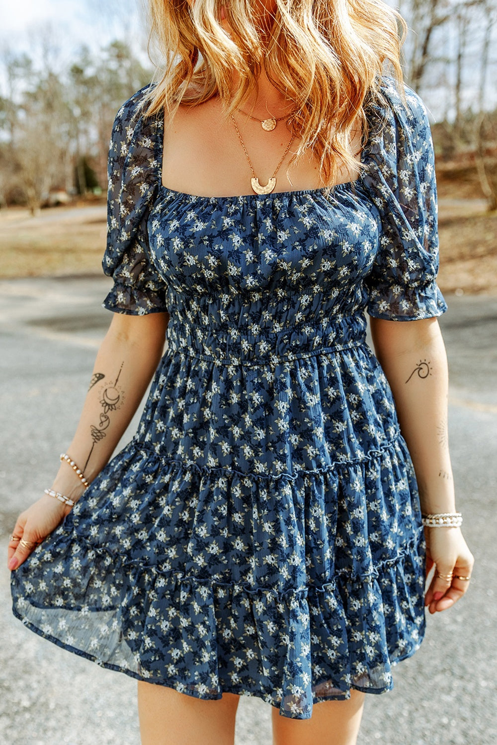 Blue Zone Planet |  Printed Square Neck Short Sleeve Dress BLUE ZONE PLANET