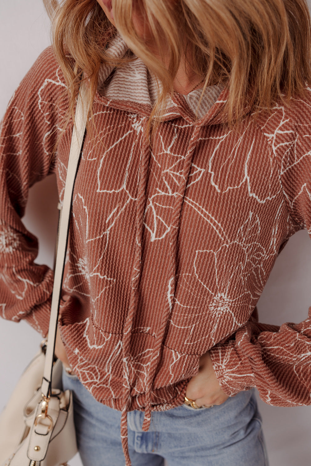 Brown Floral Twisted Rib Drawstring Kangaroo Pocket Hoodie-Tops / Dresses-[Adult]-[Female]-2022 Online Blue Zone Planet