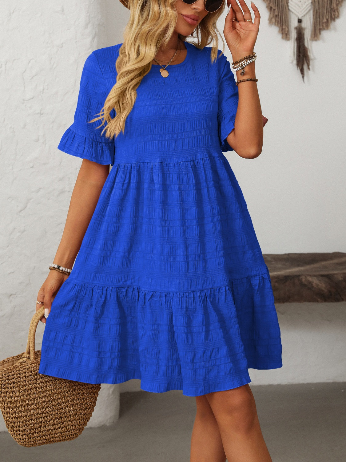 Mandy Ruffled Ruched Round Neck Half Sleeve Dress-TOPS / DRESSES-[Adult]-[Female]-2022 Online Blue Zone Planet