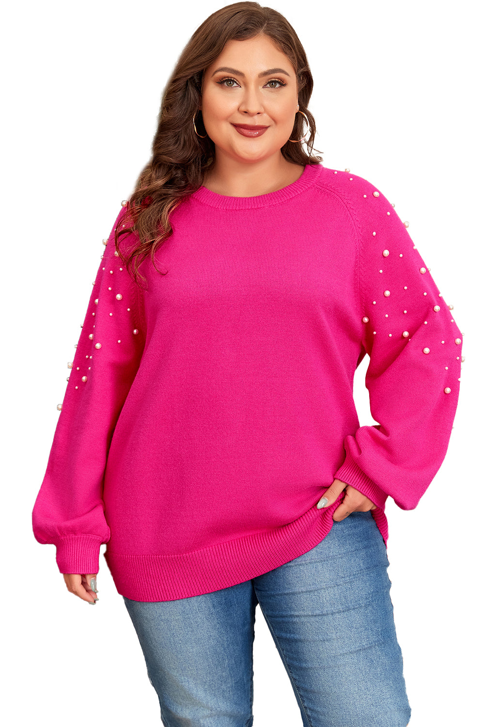 Blue Zone Planet | Strawberry Pink Pearled Decor Raglan Sleeve Plus Size Sweater-TOPS / DRESSES-[Adult]-[Female]-2022 Online Blue Zone Planet