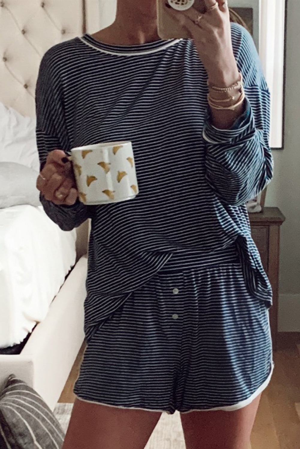 Blue Stripe Drop Shoulder Round Neck Long Sleeve Tee and Buttoned Shorts 2pcs Lounge Set-Loungewear & Sleepwear/Loungewear-[Adult]-[Female]-Blue Stripe-S-2022 Online Blue Zone Planet