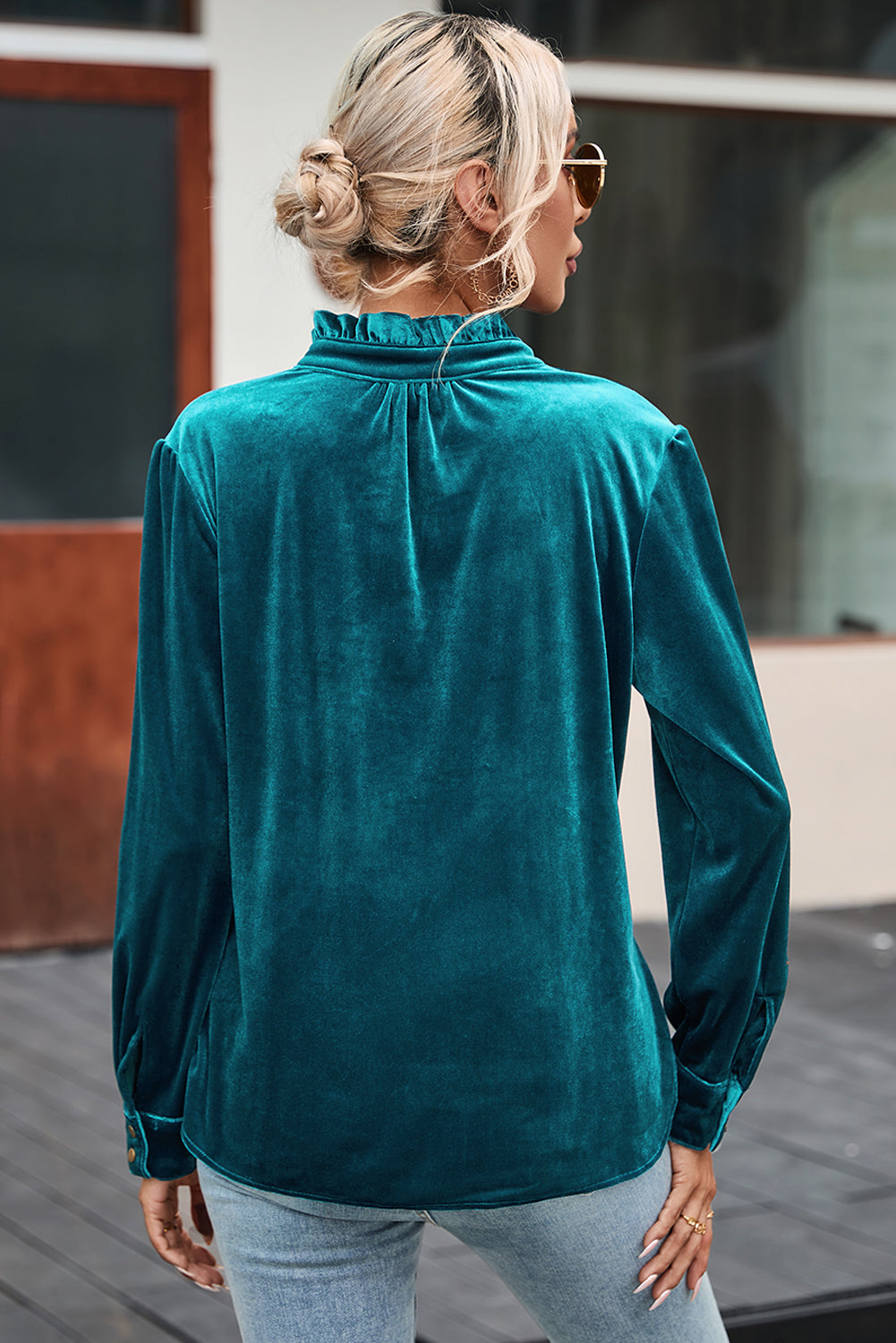 Burgundy Frilled Neck Buttoned Front Velvet Top-Tops/Blouses & Shirts-[Adult]-[Female]-2022 Online Blue Zone Planet