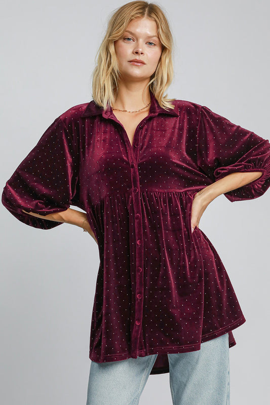 Umgee Full Size Polka Dot Button Up Half Sleeve Shirt-TOPS / DRESSES-[Adult]-[Female]-Burgundy-S-2022 Online Blue Zone Planet