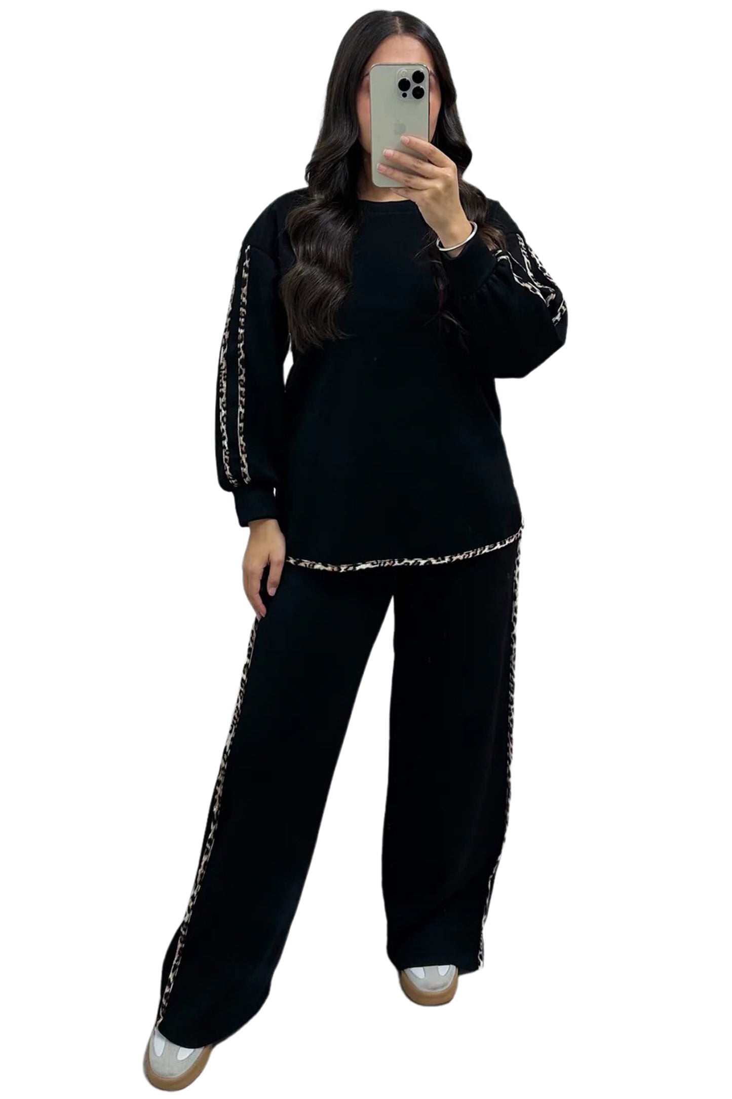 Black Contrast Leopard Trim Casual Sweatshirt Pant Set-Two Piece Sets/Pant Sets-[Adult]-[Female]-2022 Online Blue Zone Planet