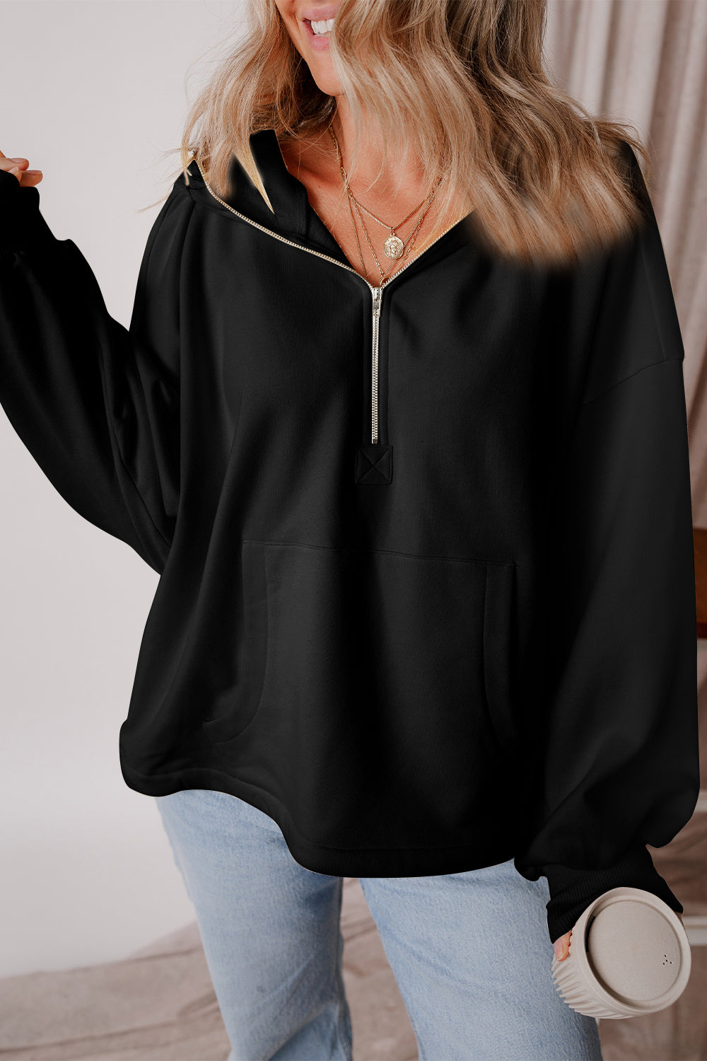 Pocketed Half Zip Dropped Shoulder Hoodie-HOODIES-[Adult]-[Female]-Black-S-2022 Online Blue Zone Planet