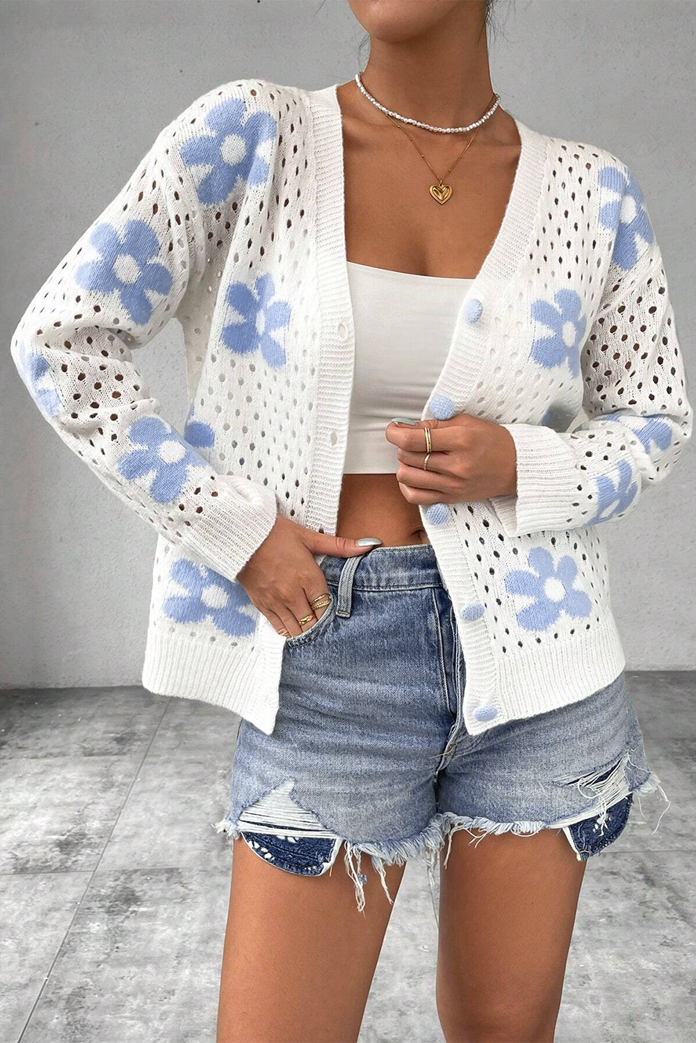 Blue Zone Planet | White Flower Knit Hollow Out Open Short Cardigan-Sweaters & Cardigans/Cardigans-[Adult]-[Female]-White-S-2022 Online Blue Zone Planet