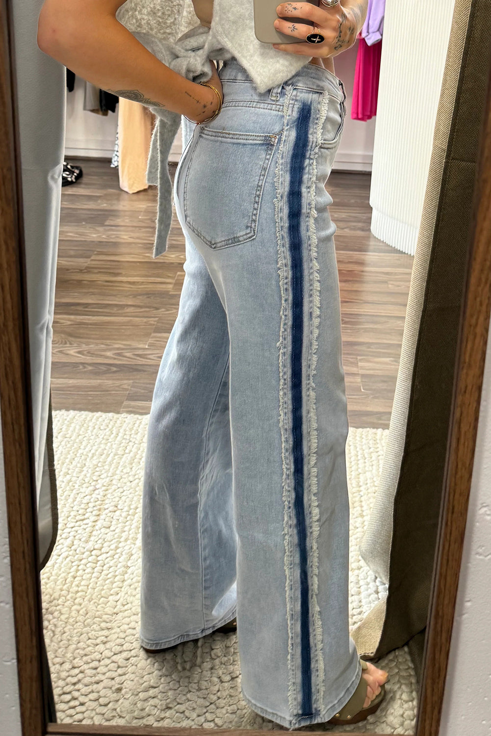 Beau Blue Contrast Stripe Frayed Side Panel Patchwork Shift Jeans-Bottoms/Jeans-[Adult]-[Female]-Beau Blue-4-2022 Online Blue Zone Planet
