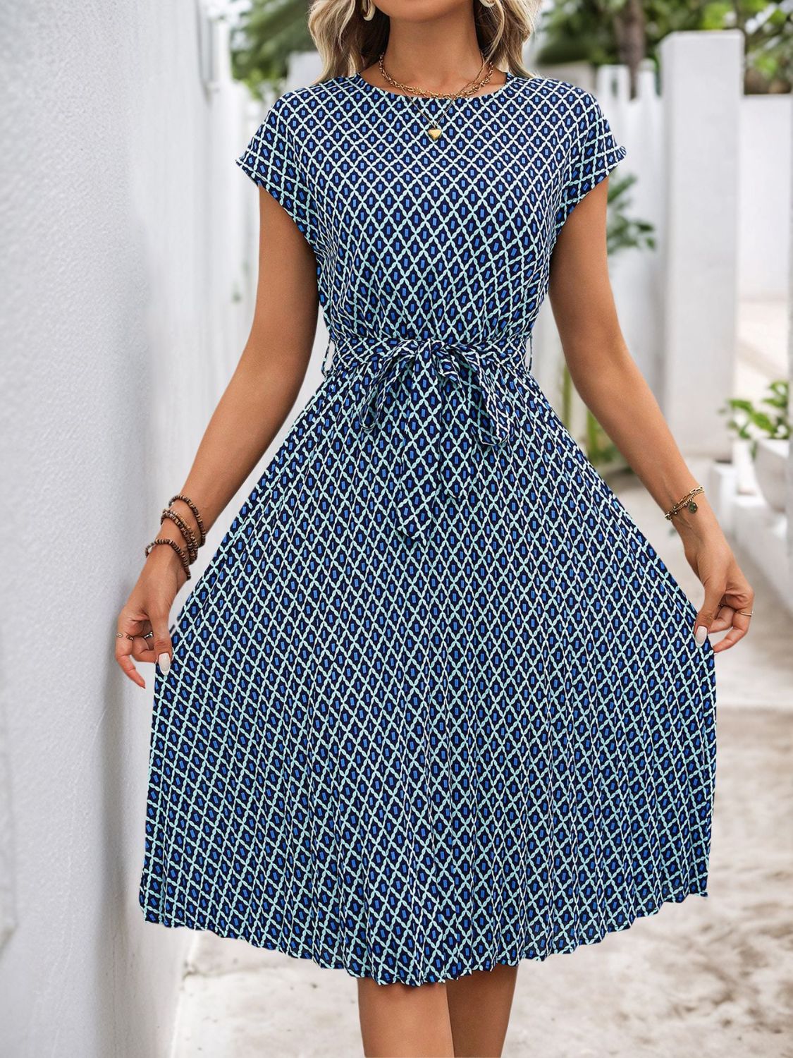 Perfee Printed Round Neck Short Sleeve Midi Dress-TOPS / DRESSES-[Adult]-[Female]-2022 Online Blue Zone Planet