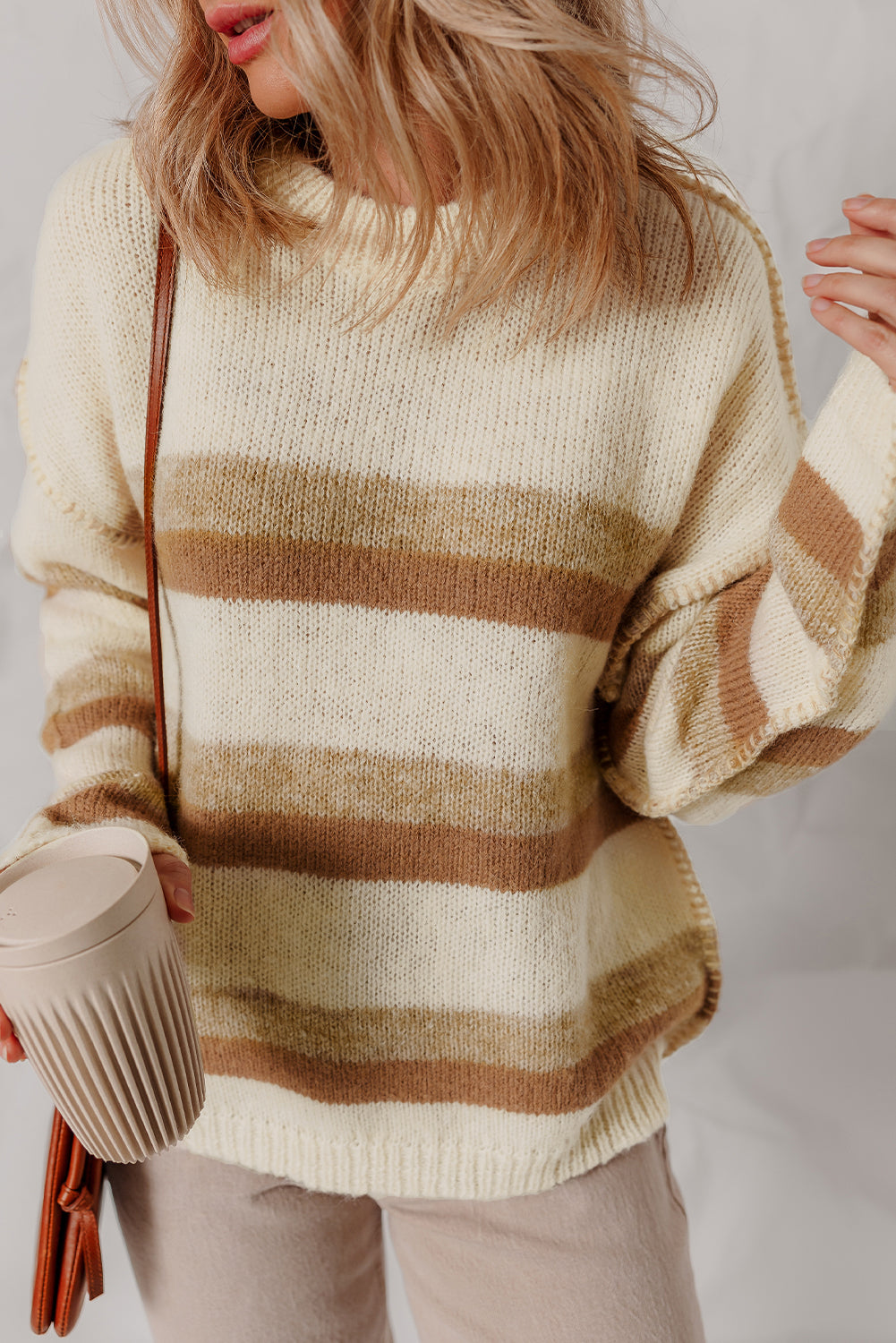 Khaki Stripe Exposed Seam Drop Shoulder Knit Baggy Sweater-TOPS / DRESSES-[Adult]-[Female]-2022 Online Blue Zone Planet