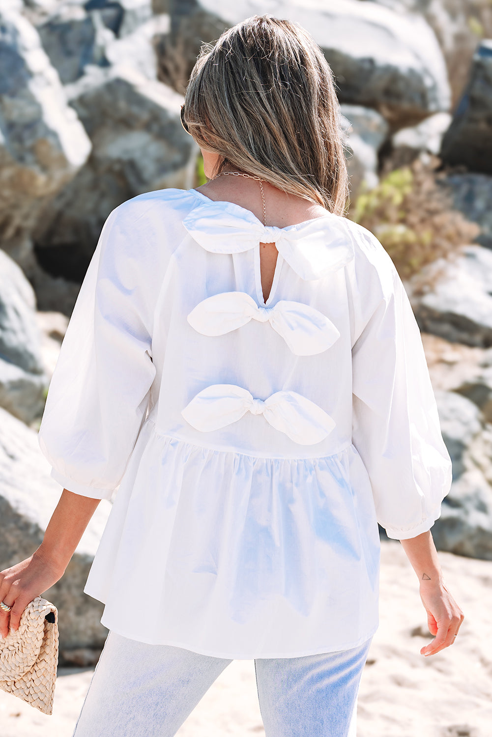 White Bow Knot Cutout Back Loose Fit 3/4 Sleeve Blouse-Tops/Blouses & Shirts-[Adult]-[Female]-2022 Online Blue Zone Planet
