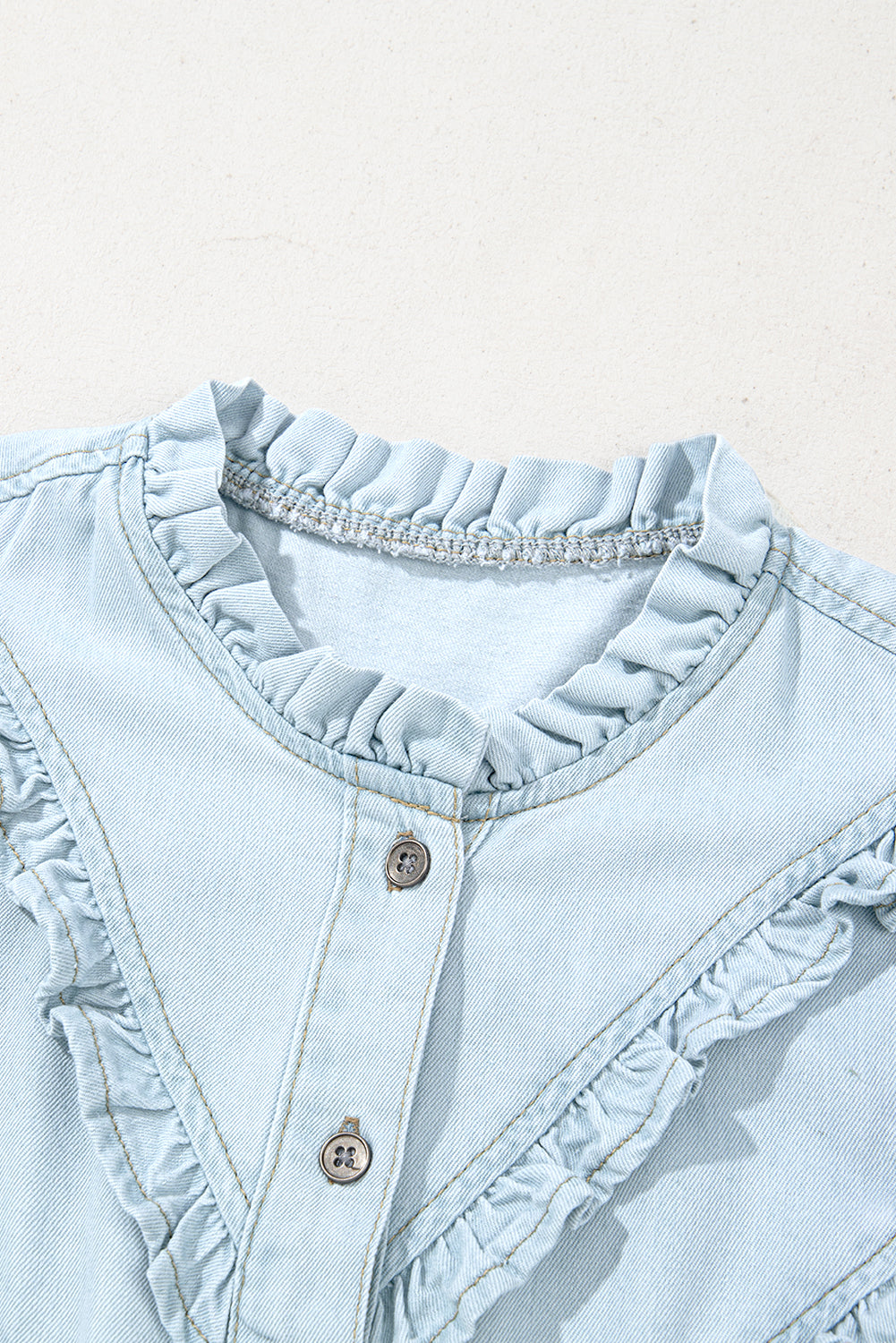 Beau Blue Mineral Wash Cap Sleeve Frilled Button Up Denim Shirt-Tops/Blouses & Shirts-[Adult]-[Female]-2022 Online Blue Zone Planet