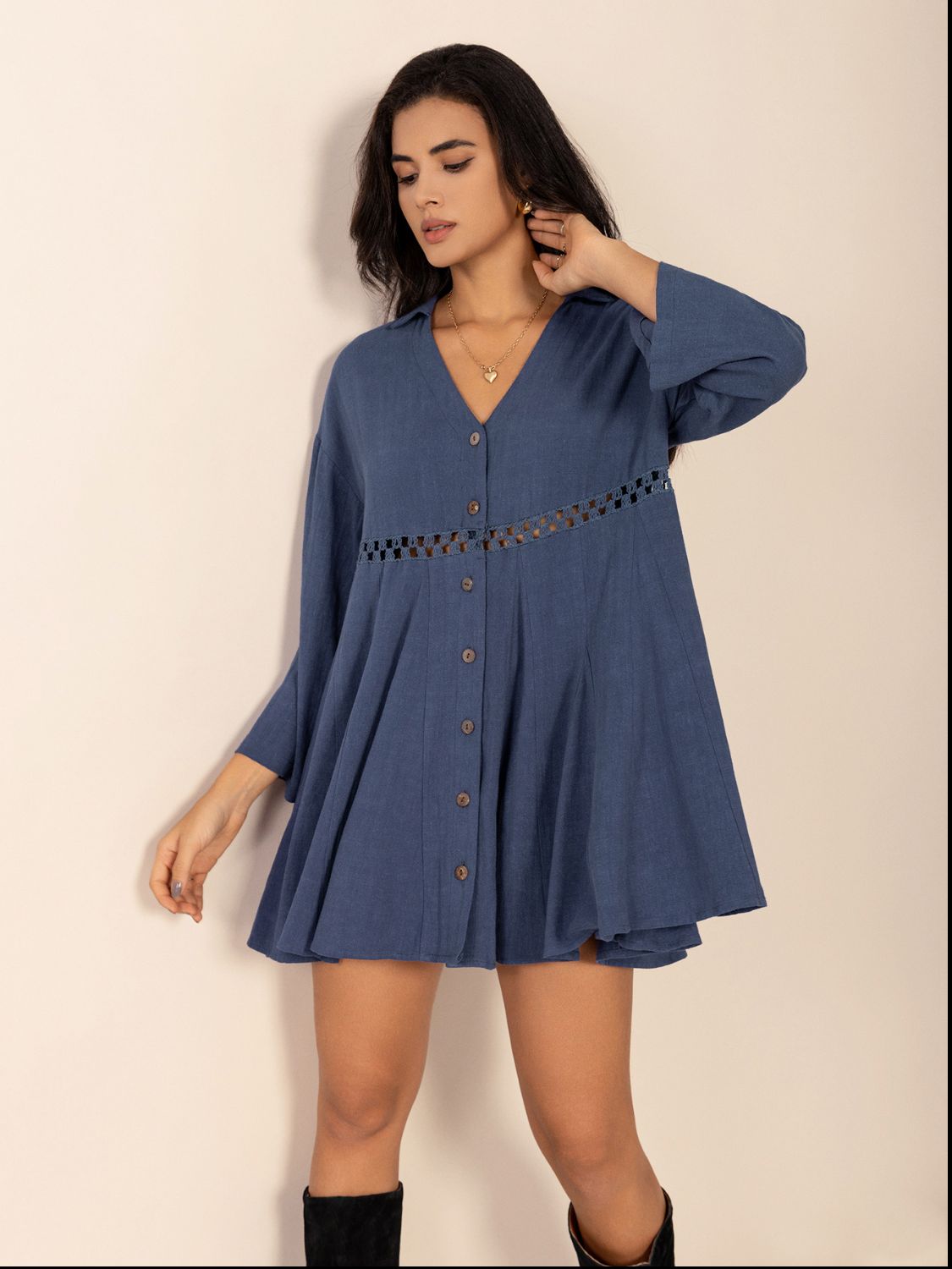 Cutout Johnny Collar Long Sleeve Mini Dress-TOPS / DRESSES-[Adult]-[Female]-2022 Online Blue Zone Planet