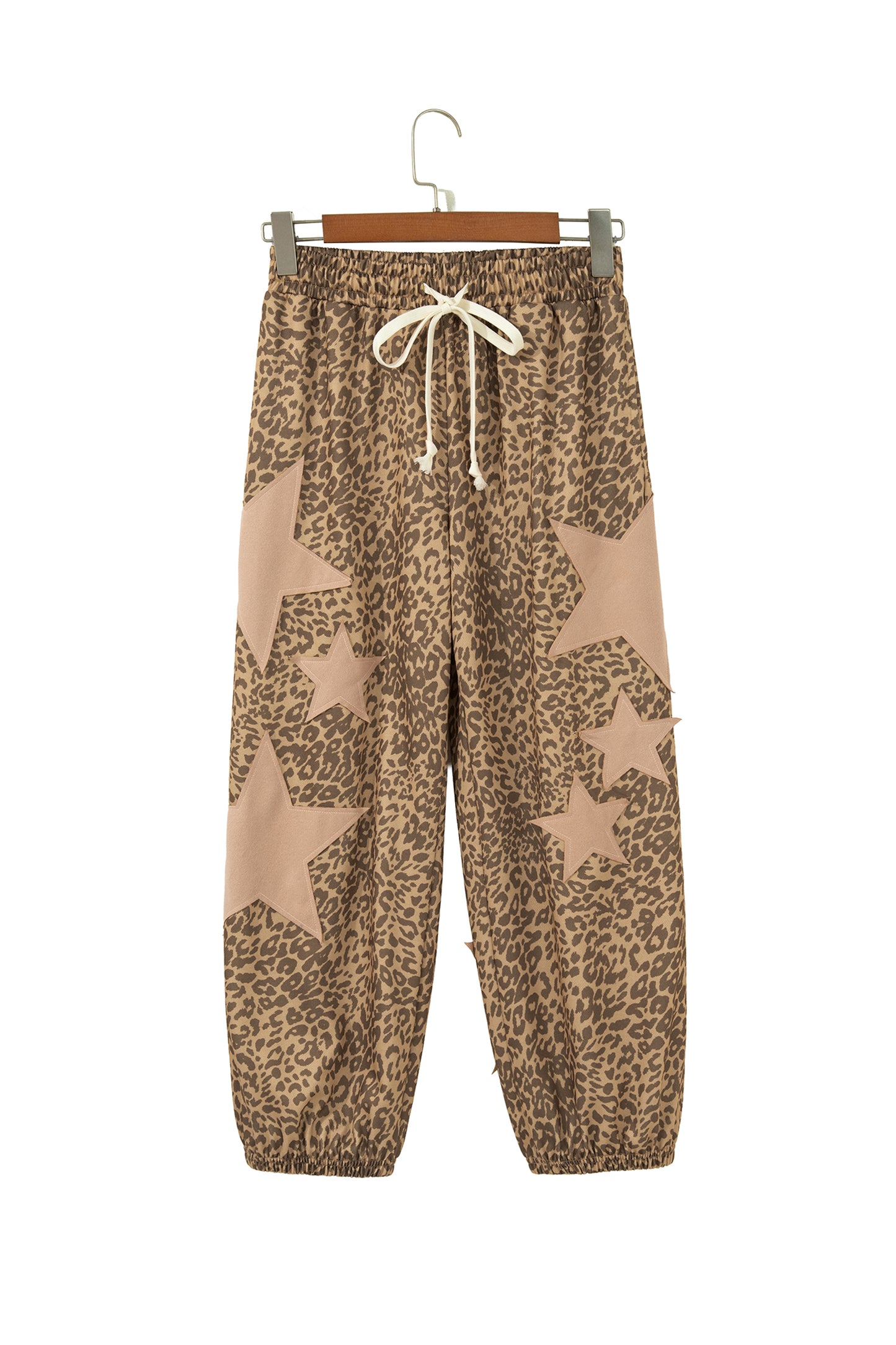 Khaki Leopard Print Star Patched Drawstring Elastic Waist Jogger Pants-Bottoms/Pants & Culotte-[Adult]-[Female]-2022 Online Blue Zone Planet