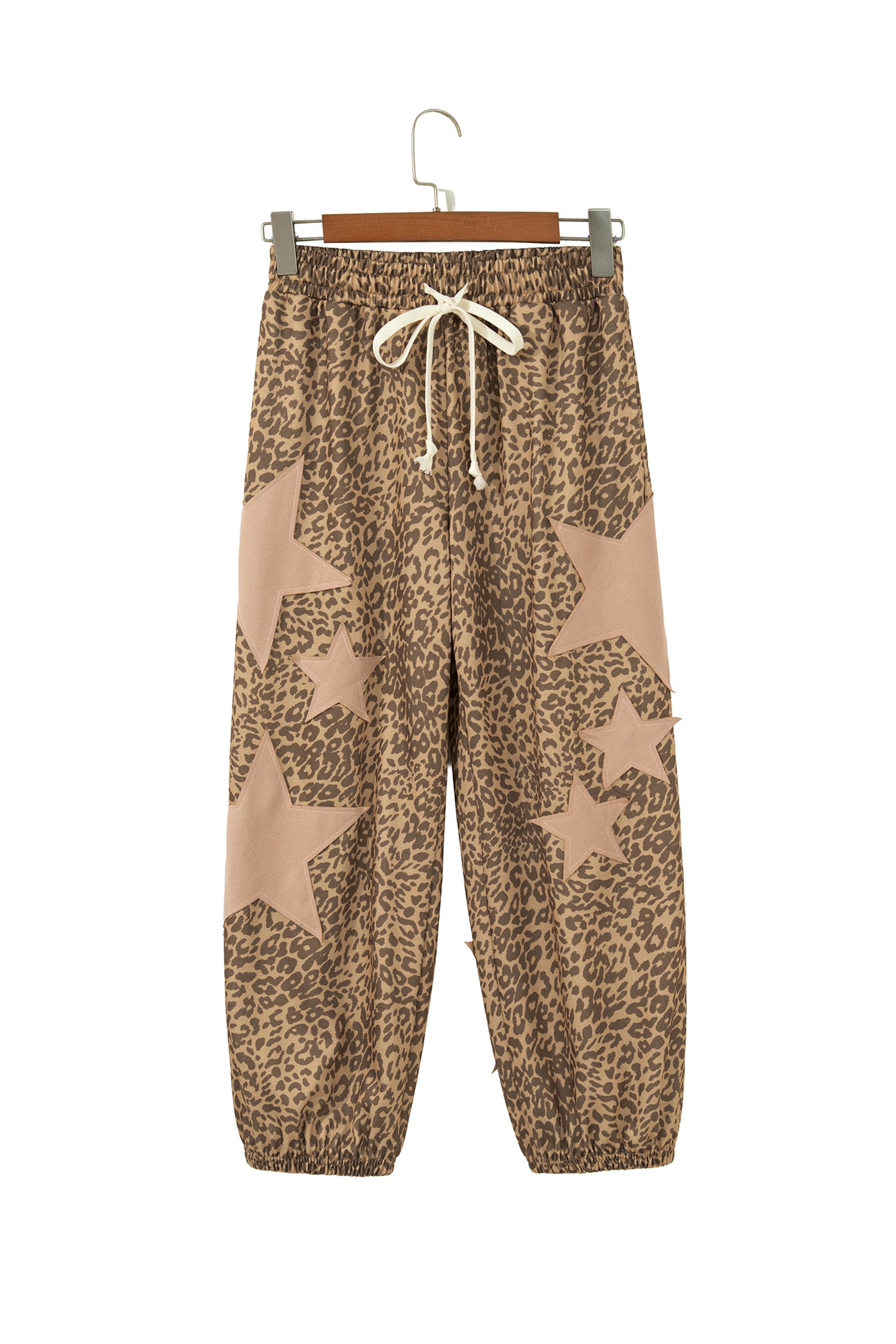 Khaki Leopard Print Star Patched Drawstring Elastic Waist Jogger Pants-Bottoms/Pants & Culotte-[Adult]-[Female]-2022 Online Blue Zone Planet