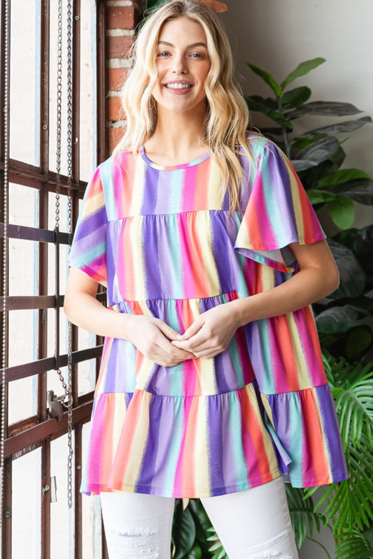 Blue Zone Planet | Heimish Full Size Short Sleeve Striped Tiered Top-TOPS / DRESSES-[Adult]-[Female]-Multi-S-2022 Online Blue Zone Planet