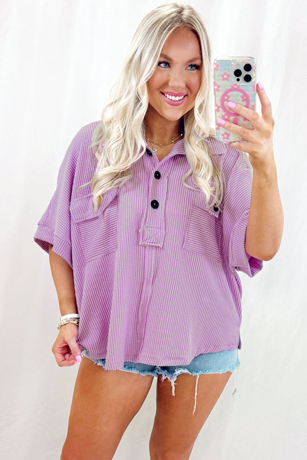 Orchid Bouquet Corded Flap Pocket Collared Buttoned Short Sleeve Blouse-Tops/Blouses & Shirts-[Adult]-[Female]-2022 Online Blue Zone Planet