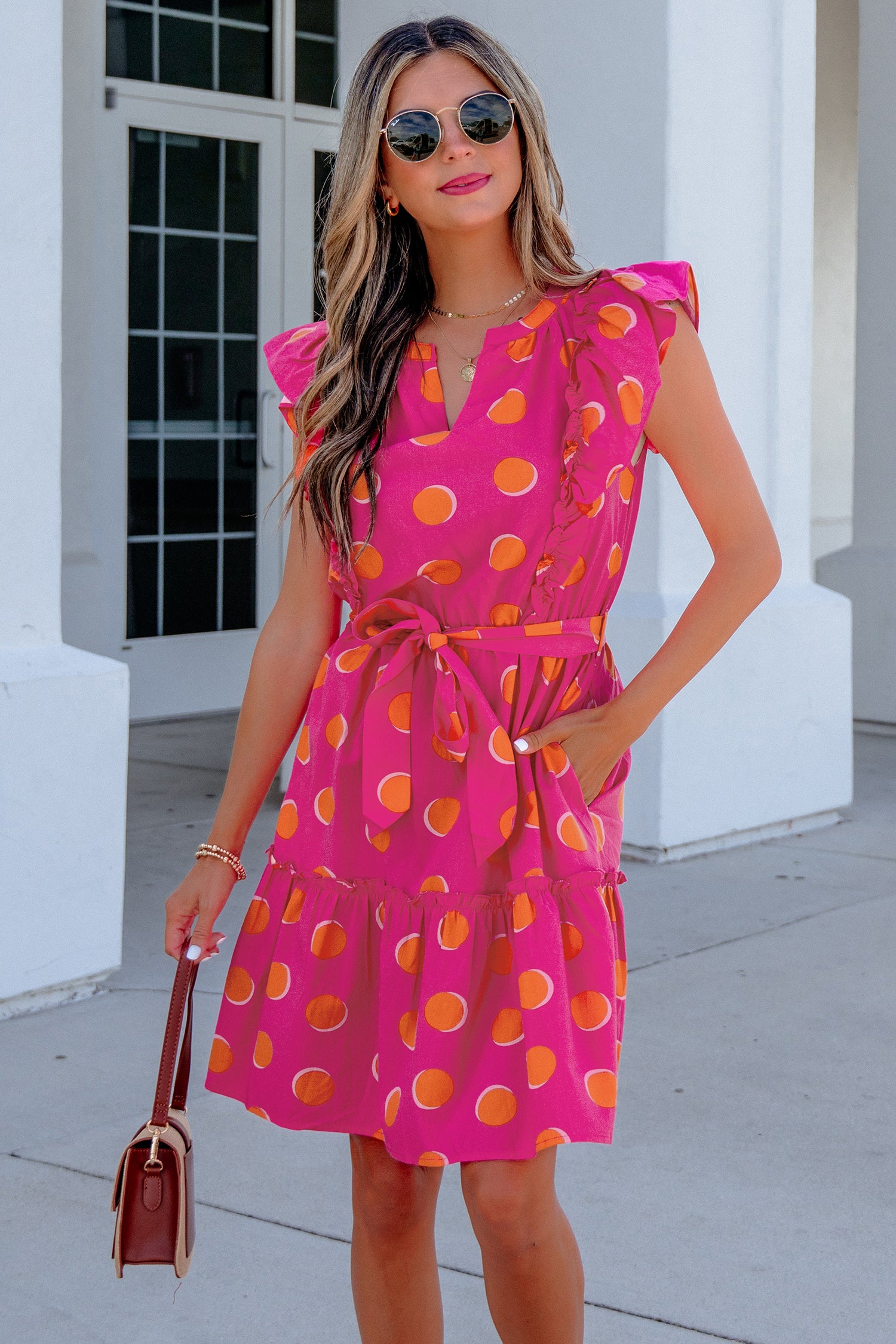 Rose Double Polka Dot V Neck Ruffled Short Sleeve Dress-TOPS / DRESSES-[Adult]-[Female]-2022 Online Blue Zone Planet