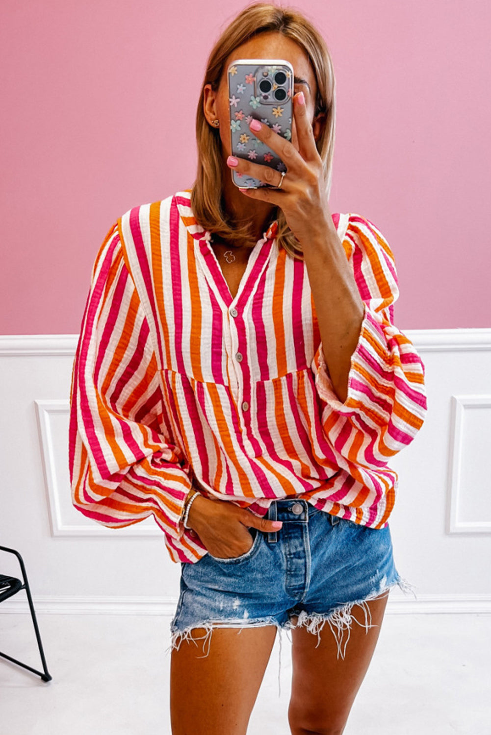 Blue Zone Planet | Orange Stripe Balloon Sleeve Notched V Neck Buttoned Front Blouse-Tops/Blouses & Shirts-[Adult]-[Female]-2022 Online Blue Zone Planet