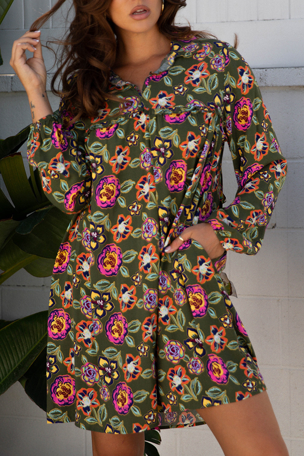 Green Floral Print Split Neck Bubble Sleeve Shift Mini Dress-TOPS / DRESSES-[Adult]-[Female]-2022 Online Blue Zone Planet