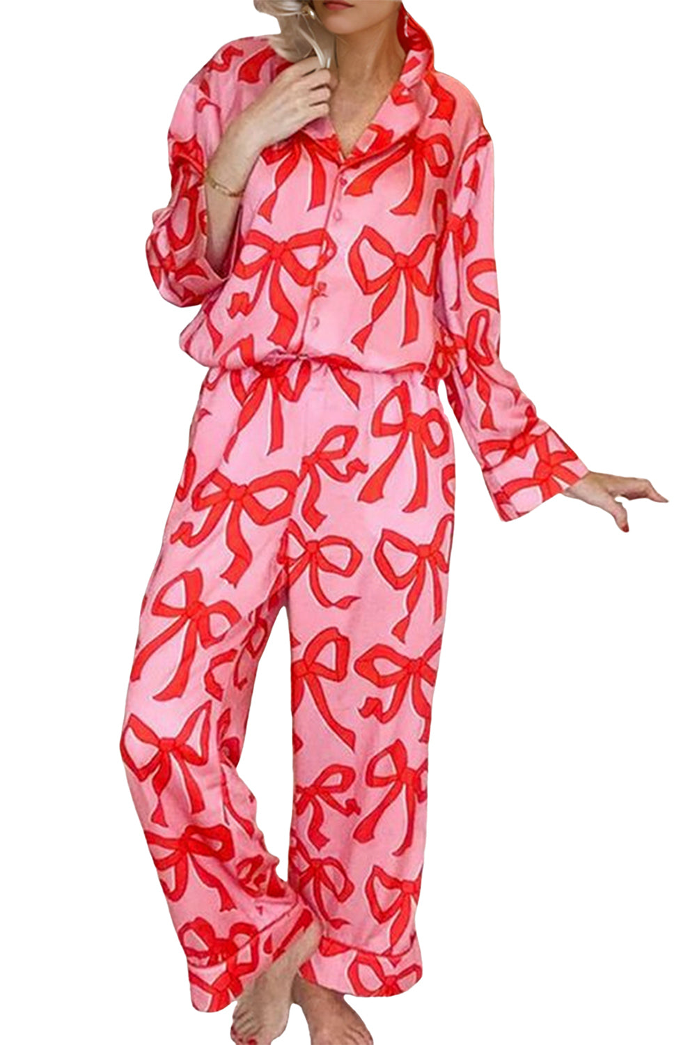 Blue Zone Planet | Pink 2pcs Bow Print Shirt Style Long Sleeve Pajama Set-Loungewear & Sleepwear/Sleepwear-[Adult]-[Female]-2022 Online Blue Zone Planet